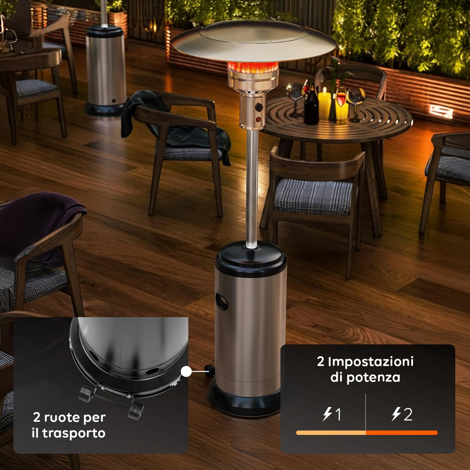 Avilia - Fungo Riscaldante Uragano per Esterno a Gas 12kW con Accensione Piezoelettrica, Ruote Integrate per Spostamento Facile, Compatibile con Bombola 15Kg, Ideale per Terrazze, Giardini e Locali