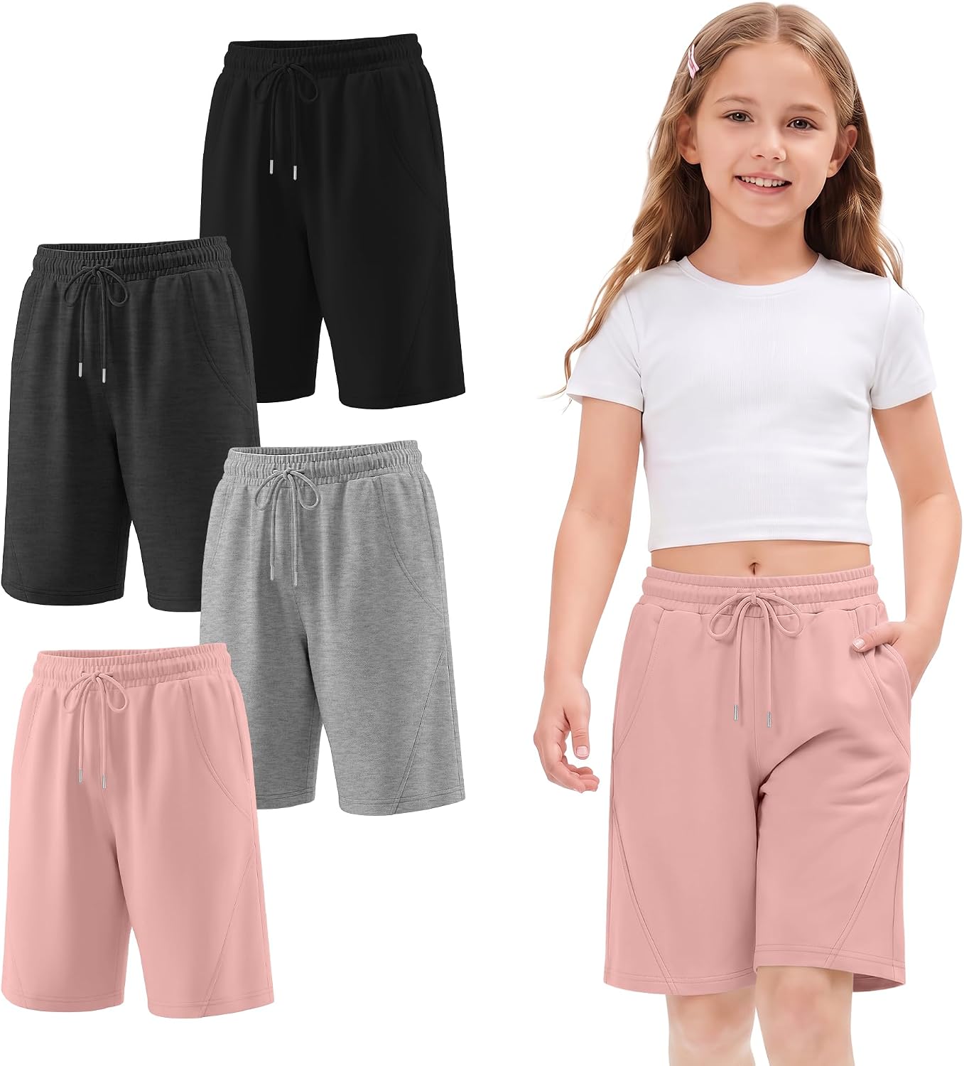 Halfchet 4 Pack Girl's Athletic Drawstring Shorts