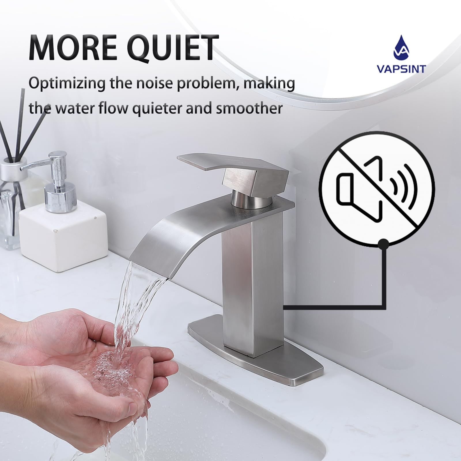 VAPSINT Brushed Nickel Waterfall Bathroom Faucet Modern Single Handle Bathroom Sink Faucet for 1 or 3 Hole Stainless — view 5