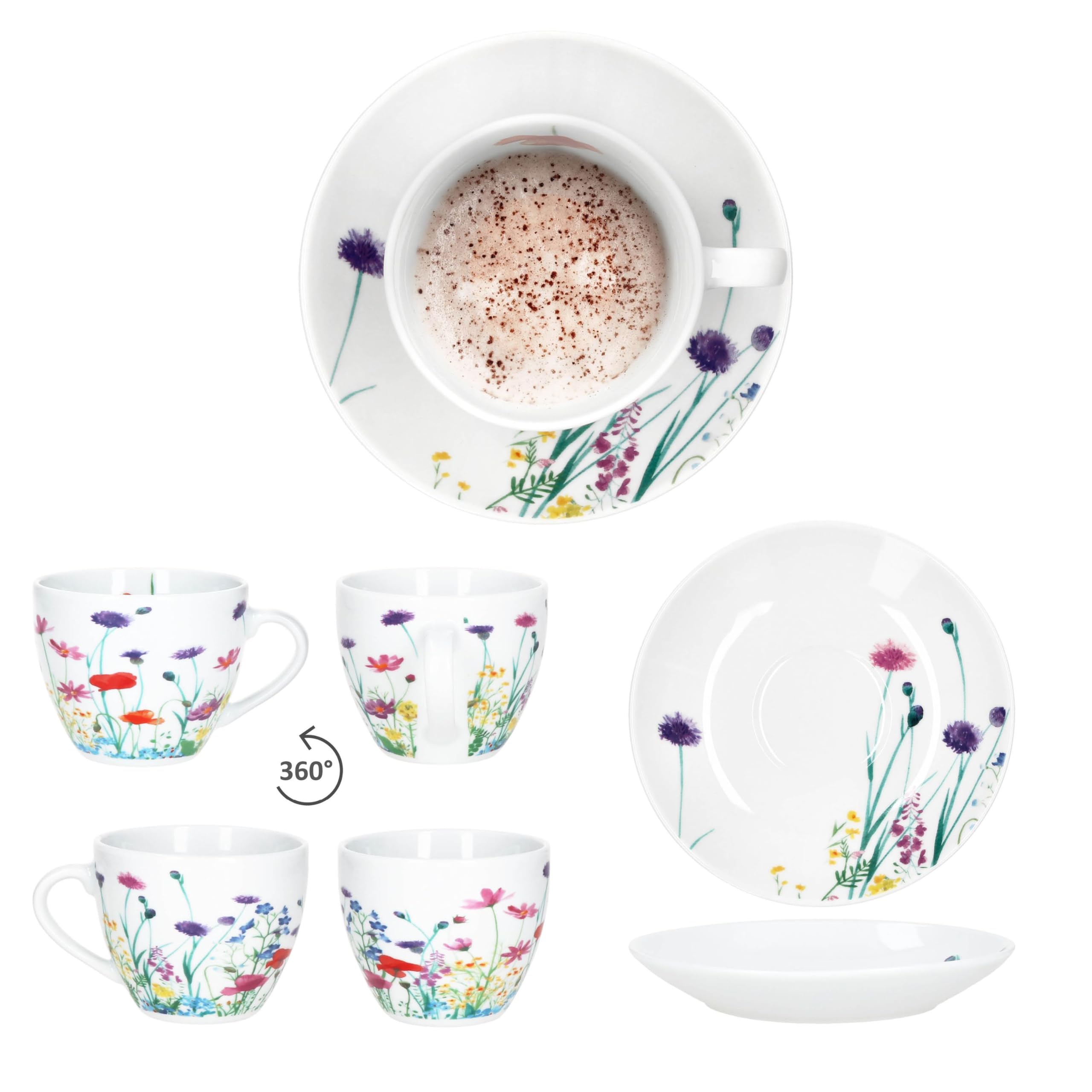 MamboCat Marie - Set di tazze da caffè con piattini per 6 persone, in porcellana con prato floreale, per colazione e caffè, 6 tazze da tè da 190 ml e piattini