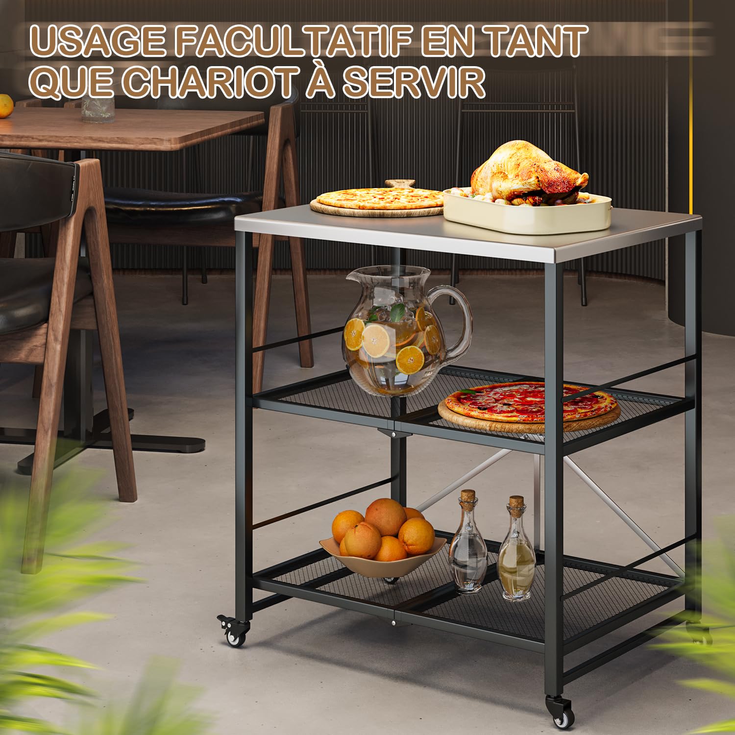 YODOLLA Desserte Plancha Exterieur,Desserte Jardin, Chariot de Barbecue 3 Niveaux,Table Pliable en Acier Inoxydable sur roulettes, Chariot de Repas Jardin et Support de BBQ Mobile, Argent