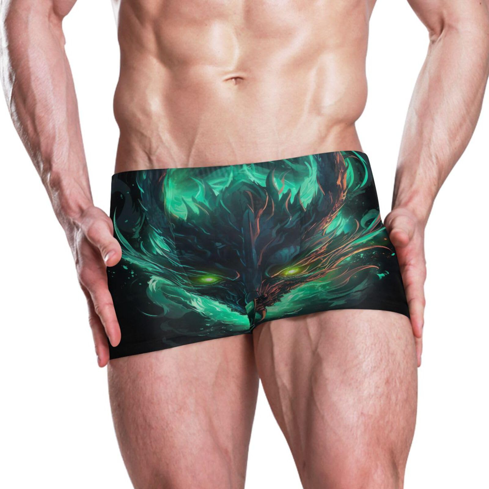 UMIRIKO Green Fire Flame Dragon Mens Swim Trunks Swimwear Bathing Suit Swim Brief Square Leg Board Short S-3XL 202b5301