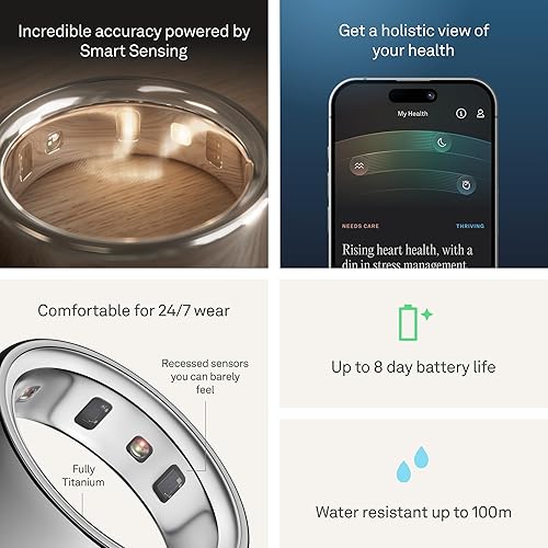 Miniatura 5 de Oura - Ring 4, anillo inteligente, monitor de sueño, frecuencia cardíaca, forma física, 8 días de batería, talla 8, plata
