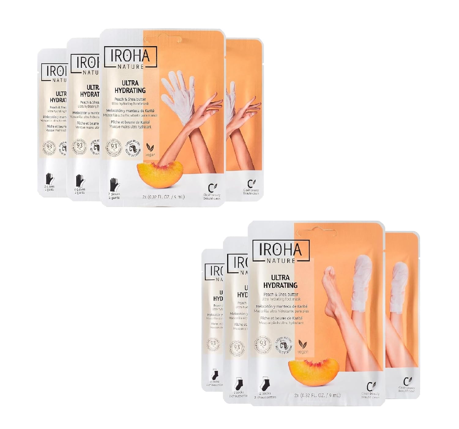 Hand Masks (4 Pairs) + Foot Masks (4 Pairs), both with Peach & Shea Butter - Moisturizing Gloves for Dry, Cracked Hands & Sauna-Effect Foot Masks, Intensive Repair & Hydration - (Total Bundle 8 Pairs)