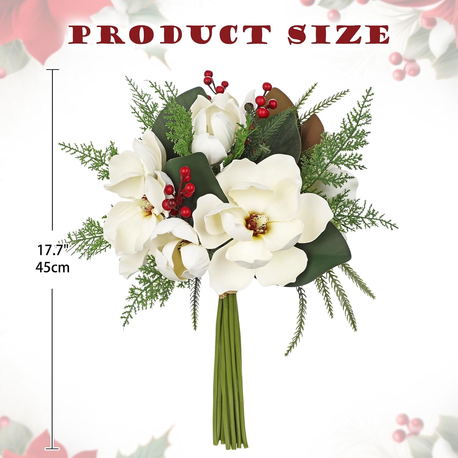 Briful Magnolia Artificial Flower Bouquet White Magnolia Christmas Flower with Berries Pine Branches Silk Floral Arrangement for Xmas Home Vase Winter Holidays Party Wedding Decor