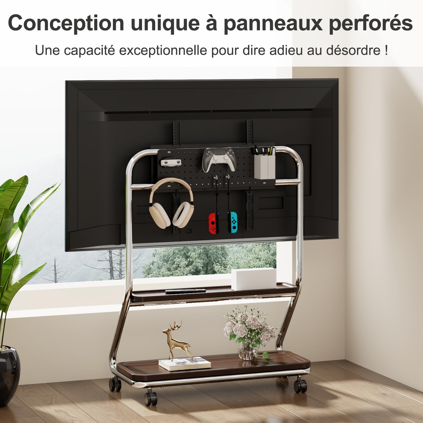 Support TV avec 2 étagères en bois et plaque perforée pour 32-75" Argenté