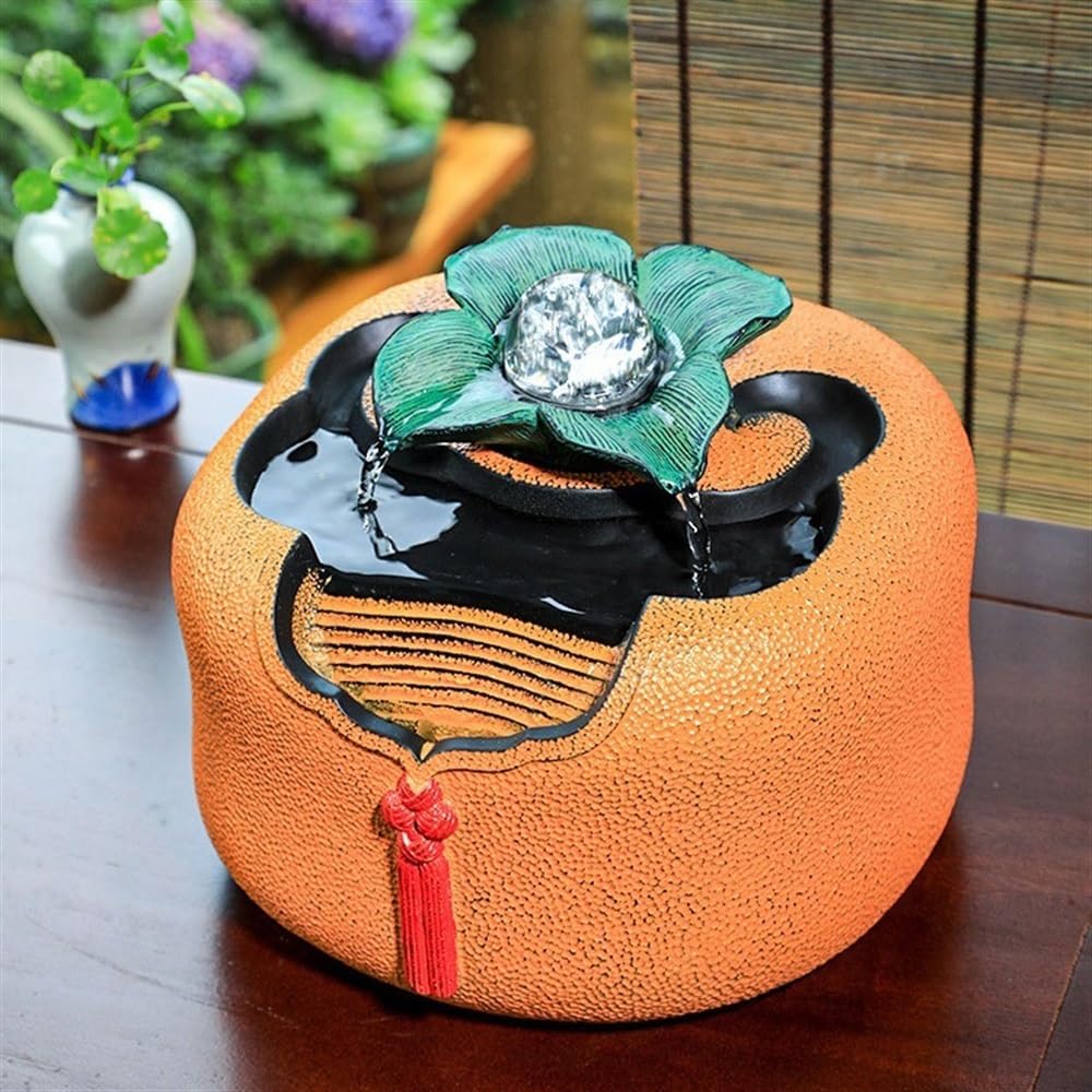 Fuente Decorativa de jardín, Fuente de Agua con Cascada, de Resina, con iluminación LED, Zen, decoración para salón, Dormitorio, Oficina, 21 x 21,5 x 16 cm, Naranja