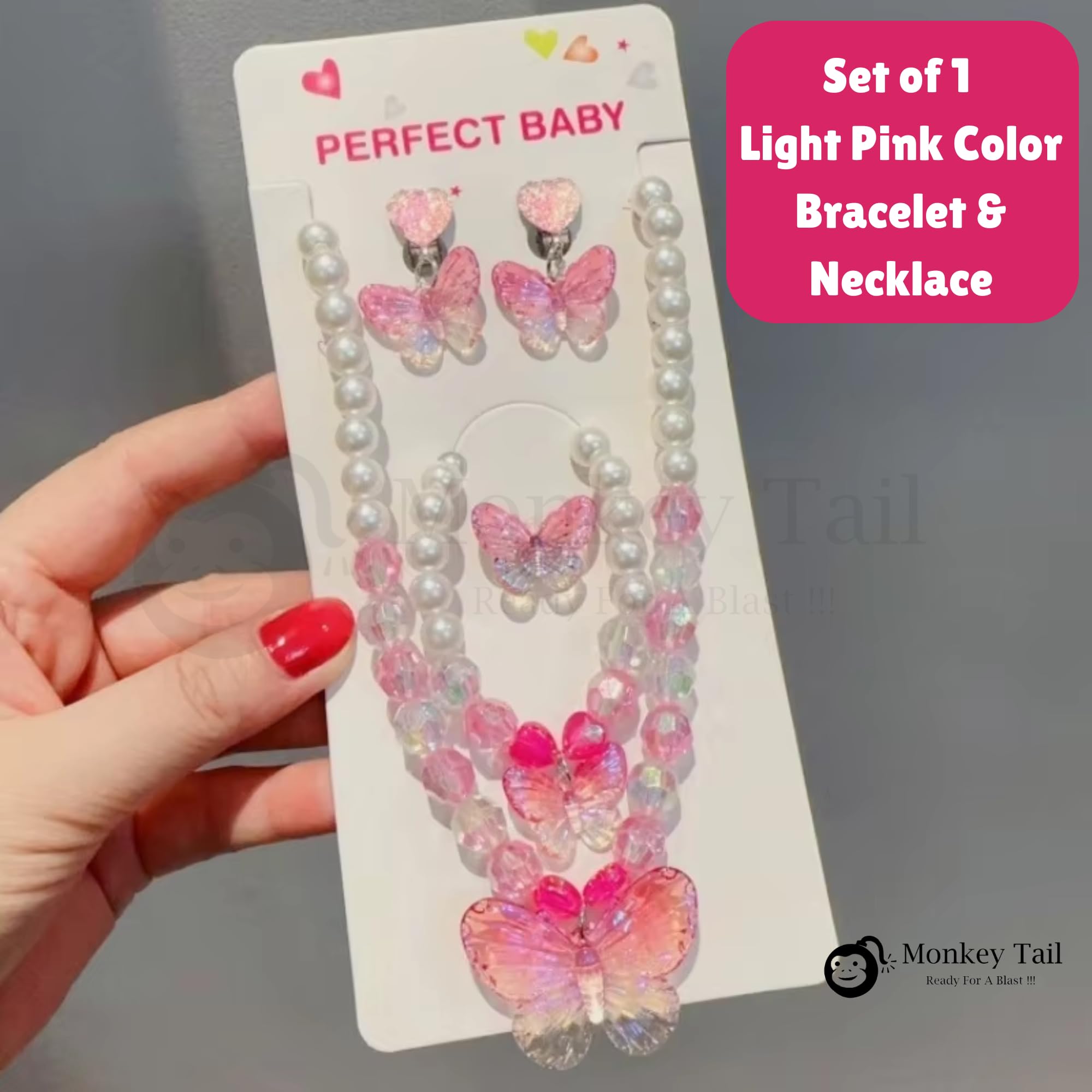 MONKEYTAIL Pink Butterfly Jewellery Kit for Kids Girls | Set of 1| Princess Jewelry Set with Pearl Beads Necklace, Bracelet, Earrings & Ring | Dress-Up Costume Accessories Gift 2