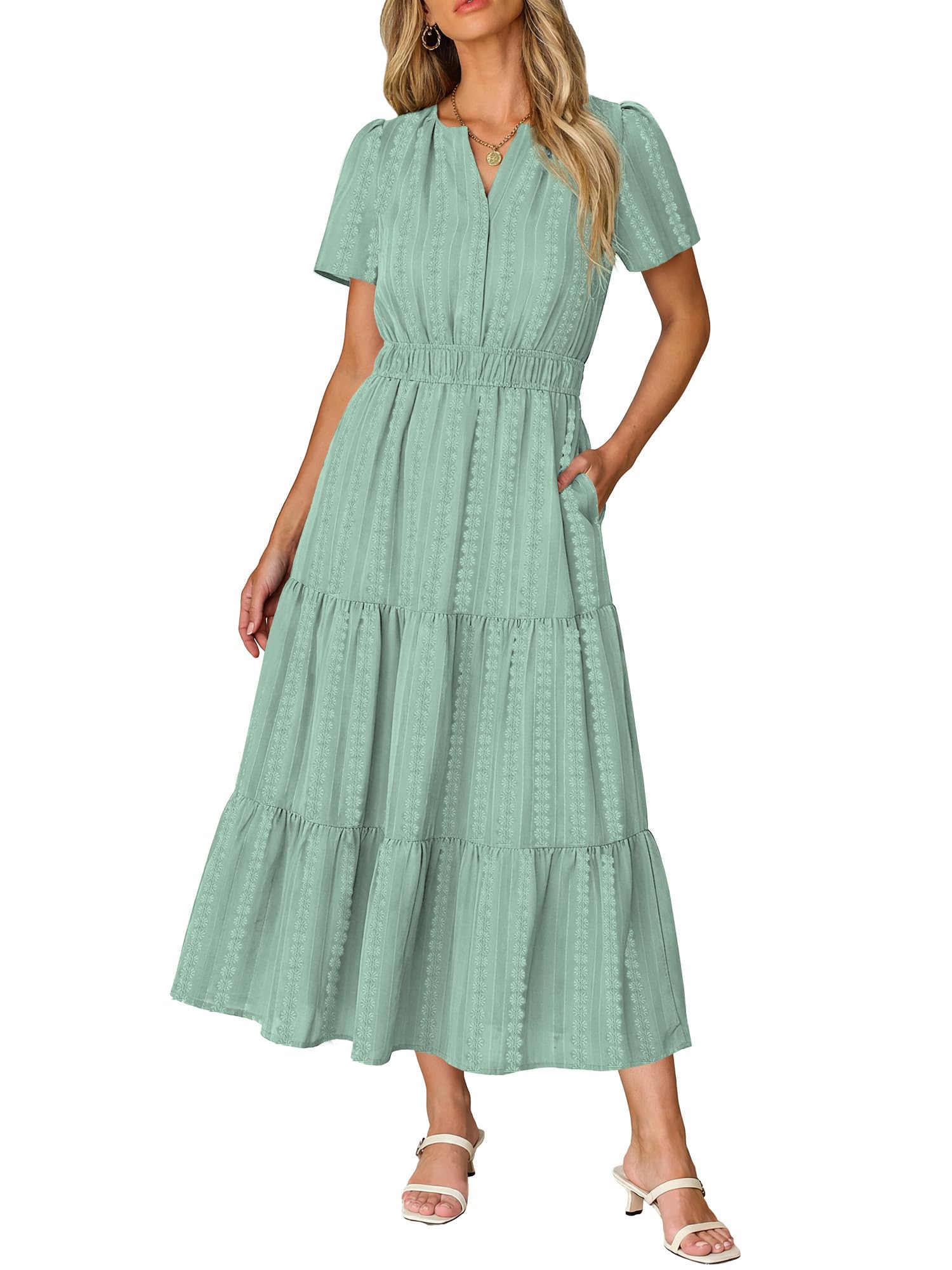 RUMIA Women Casual Midi Maxi Dresses Short Sleeve V Neck Elastic Waist Vacation Dress Pockets（S-2XL — view 11