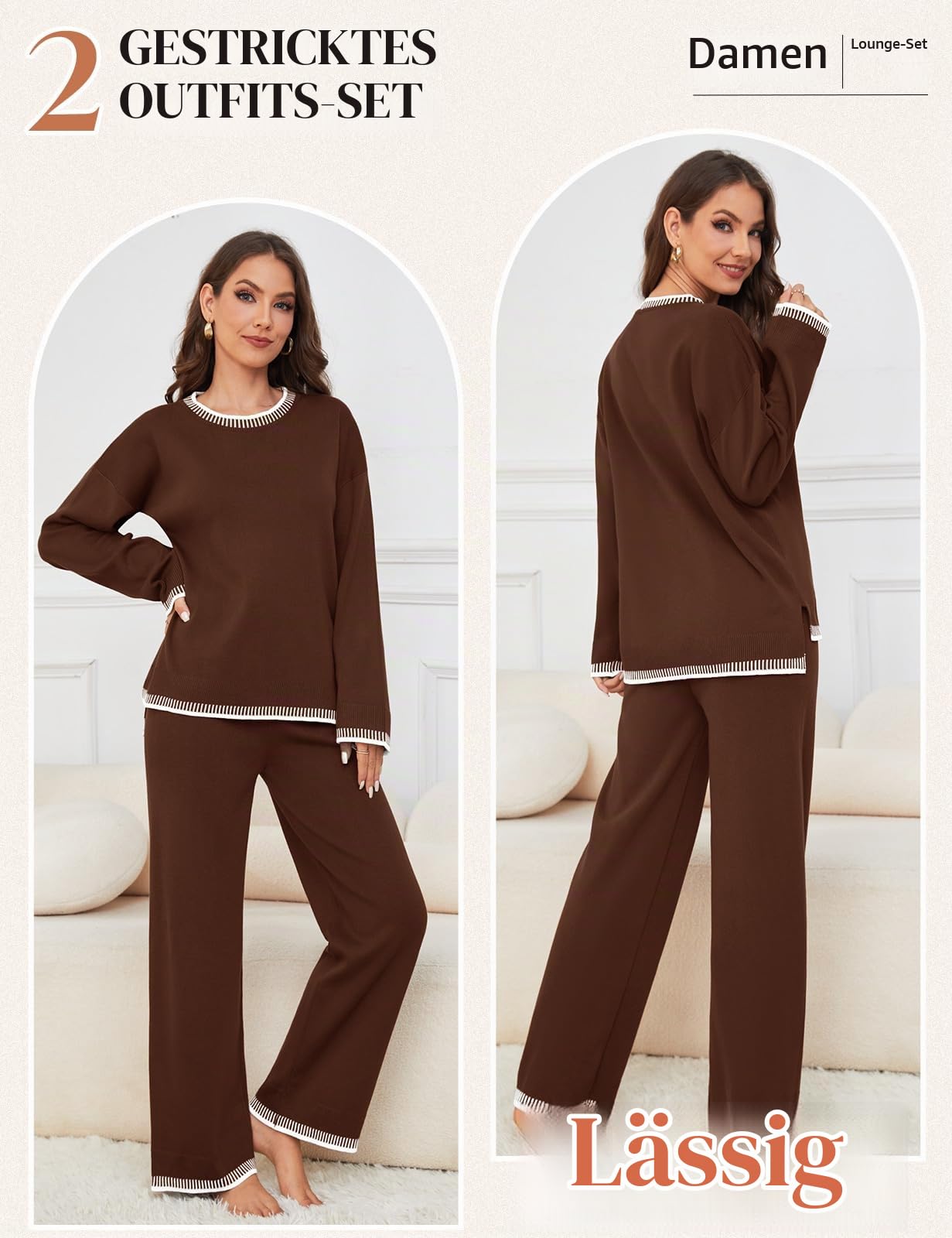 TOMEEK Zweiteiler Damen Elegant Hausanzug Damen Kuschelig Langarm Lounge Sets Strickpullover Top Weites Bein Hose Freizeitanzug Rundhalsausschnitt Outfit