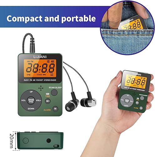 Miniatura 4 de Radio AM FM portátil de bolsillo con auriculares estéreo, radio a pilas por 3 AAA, preajuste manual, pantalla grande, radios de llave de bloqueo,