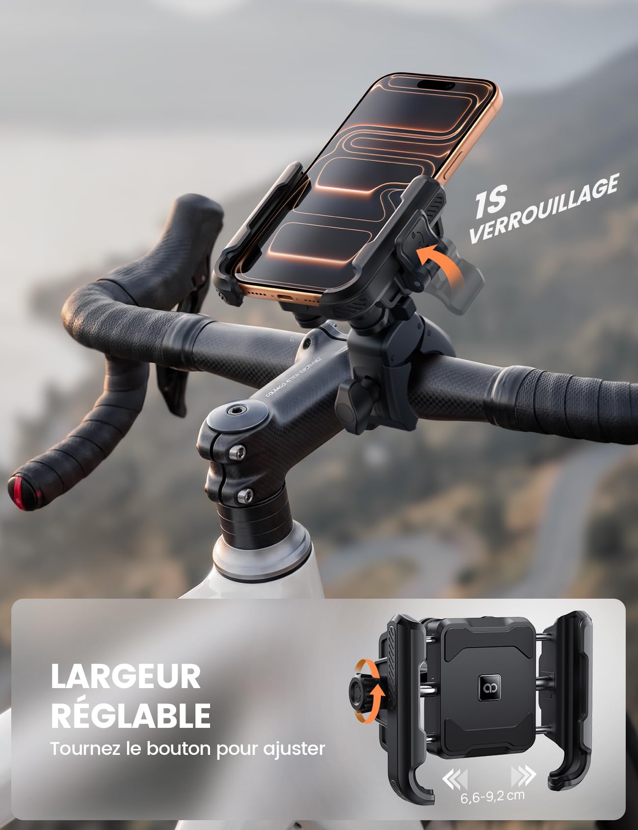 Lamicall Support Téléphone Moto, Porte Téléphone Vélo – [Ne Bloque Pas la Caméra] [Double Amortisseur] 1S Verrouillage, 360° Rotation, Support Guidon Universel pour iPhone et Autres 6-7,2" Smartphones