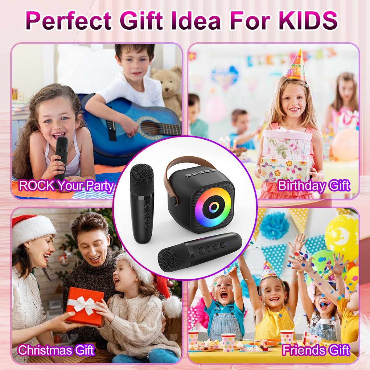 Mini macchina per karaoke, altoparlante portatile Bluetooth per karaoke con 2 microfoni wireless per bambini e adulti, regalo di compleanno per ragazze e ragazzi dai 4, 5, 6, 7, 8, 9, 10, 12 anni,
