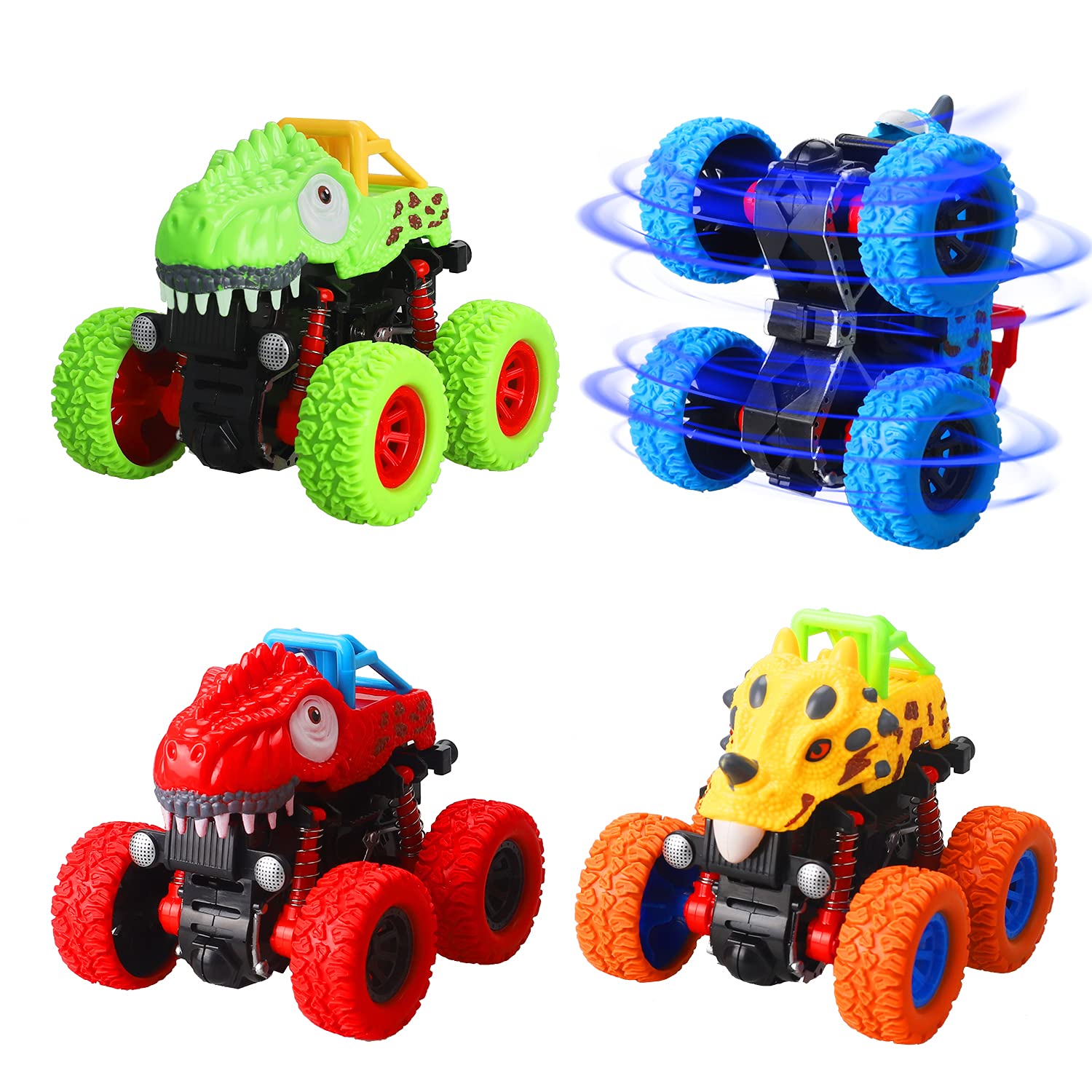 Yojoloin Dinosaur Toys Pull Back Cars, Dinosaur 360° Stunt Cars Vehicles Toys For Kids Boys/Girls Dinosaur Pull Back Toy Cars age 3-7 and up Best Outdoor and Birthday Halloween Easter Gifts (4 Pack)