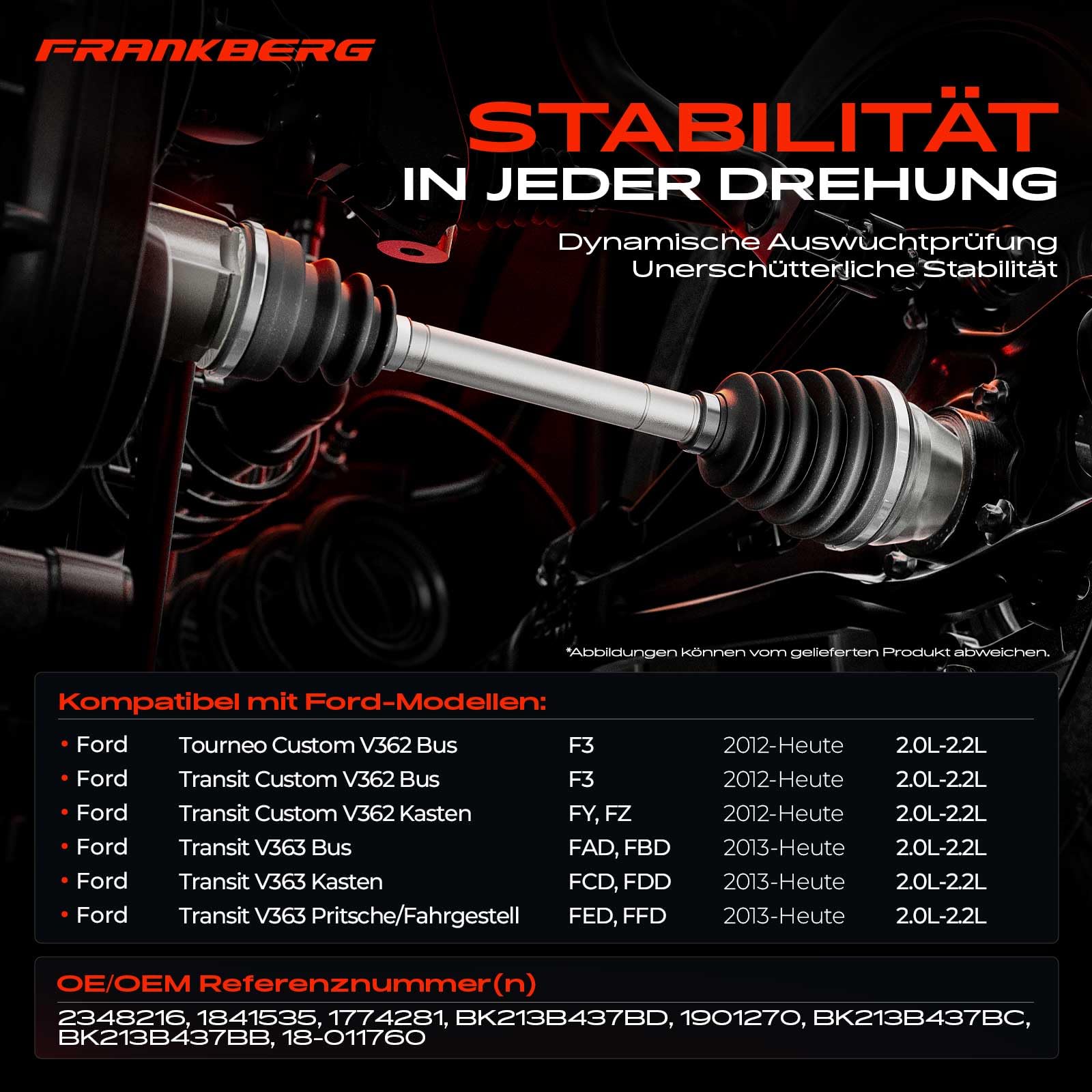 Frankberg Antriebswelle Achswelle Schaltgetriebe Vorderachse Links Kompatibel mit Tourneo Custom V362 Bus F3 Transit Custom V362 Kasten FY FZ Replace# BK213B437BB