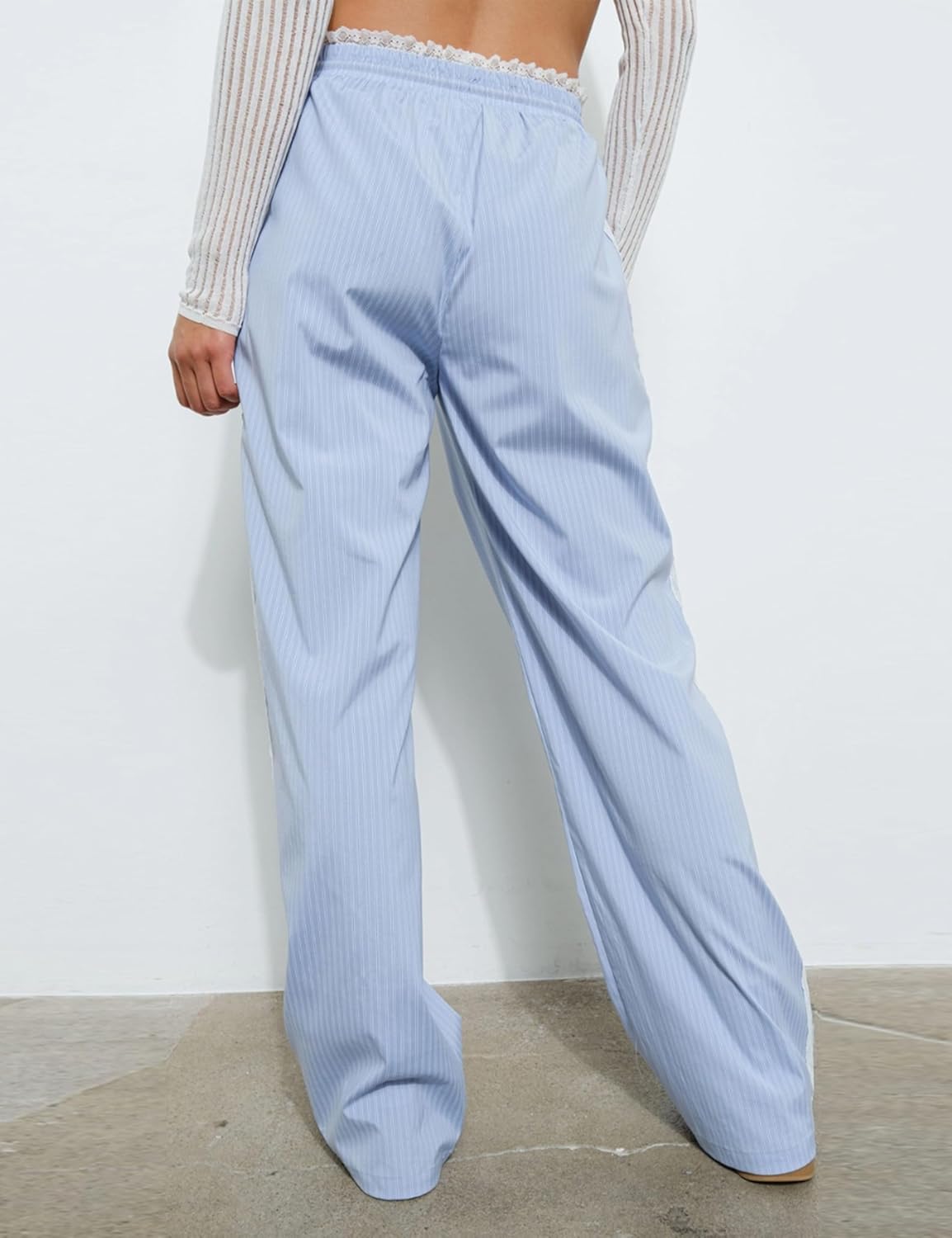 Gozoloma Women's Striped Pants Side Lace Design Wide Leg Trousers with Pockets - Image 3