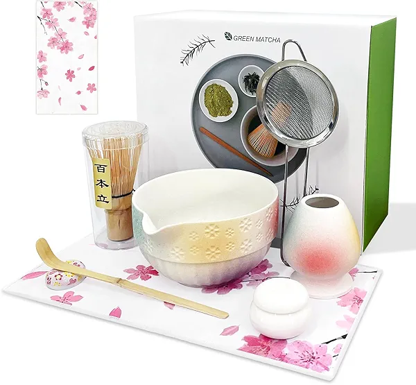 Matcha Whisk Set, Matcha Set Includes Matcha Bowl（530ML）, Matcha Whisk and Holder, Bamboo Scoop, Scoop Rest, Sifter, Powder Jar and Tea Towel - 8pc Matcha Kit for Matcha Tea Ceremony