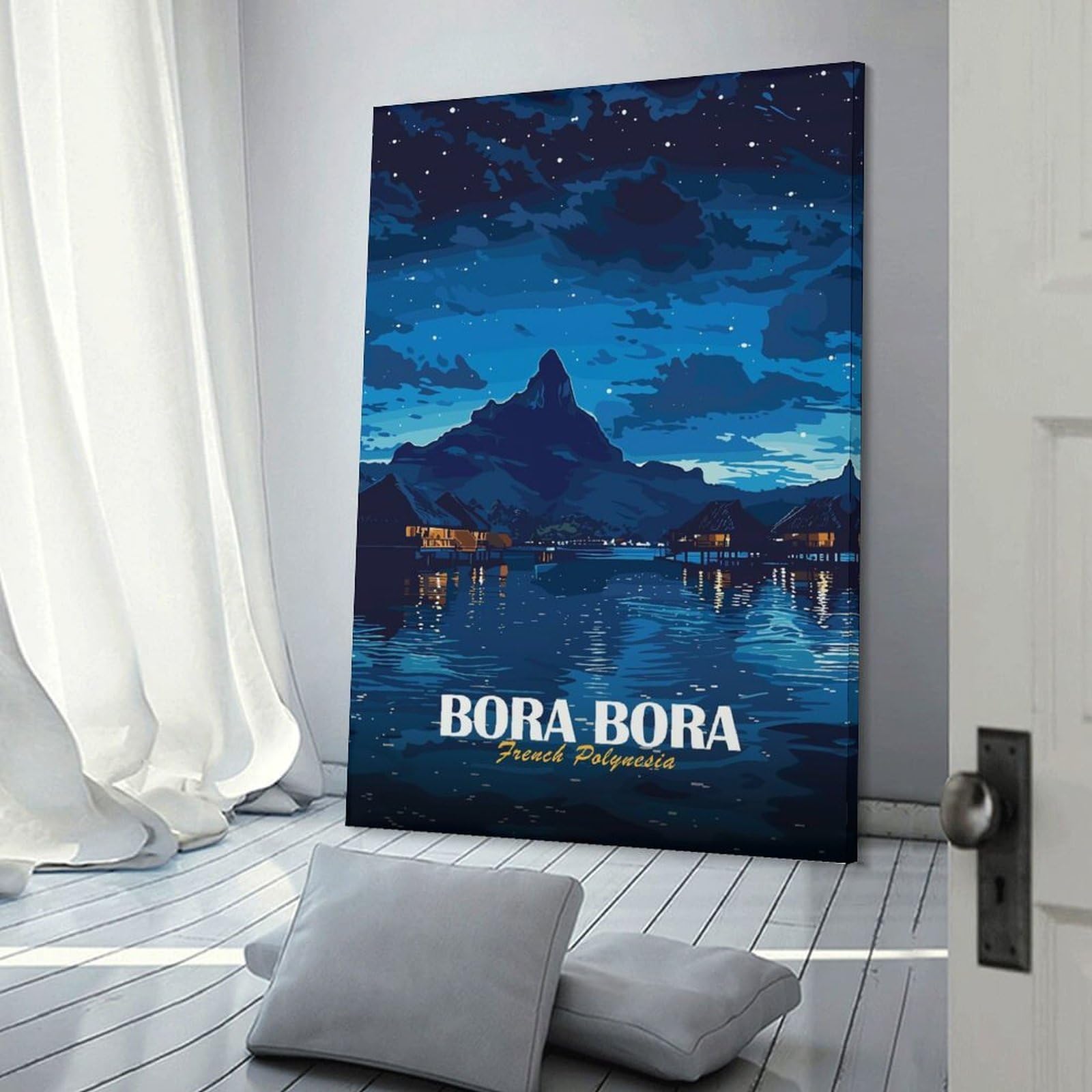 Junmoney Frame-Style-2 Canvas Wall Art Bora-Bora French Polynesia Night, 20X30inch(50X75cm), For Lounge Decor, Bedroom Walls Or Flats, A Home Accent With Warm Character