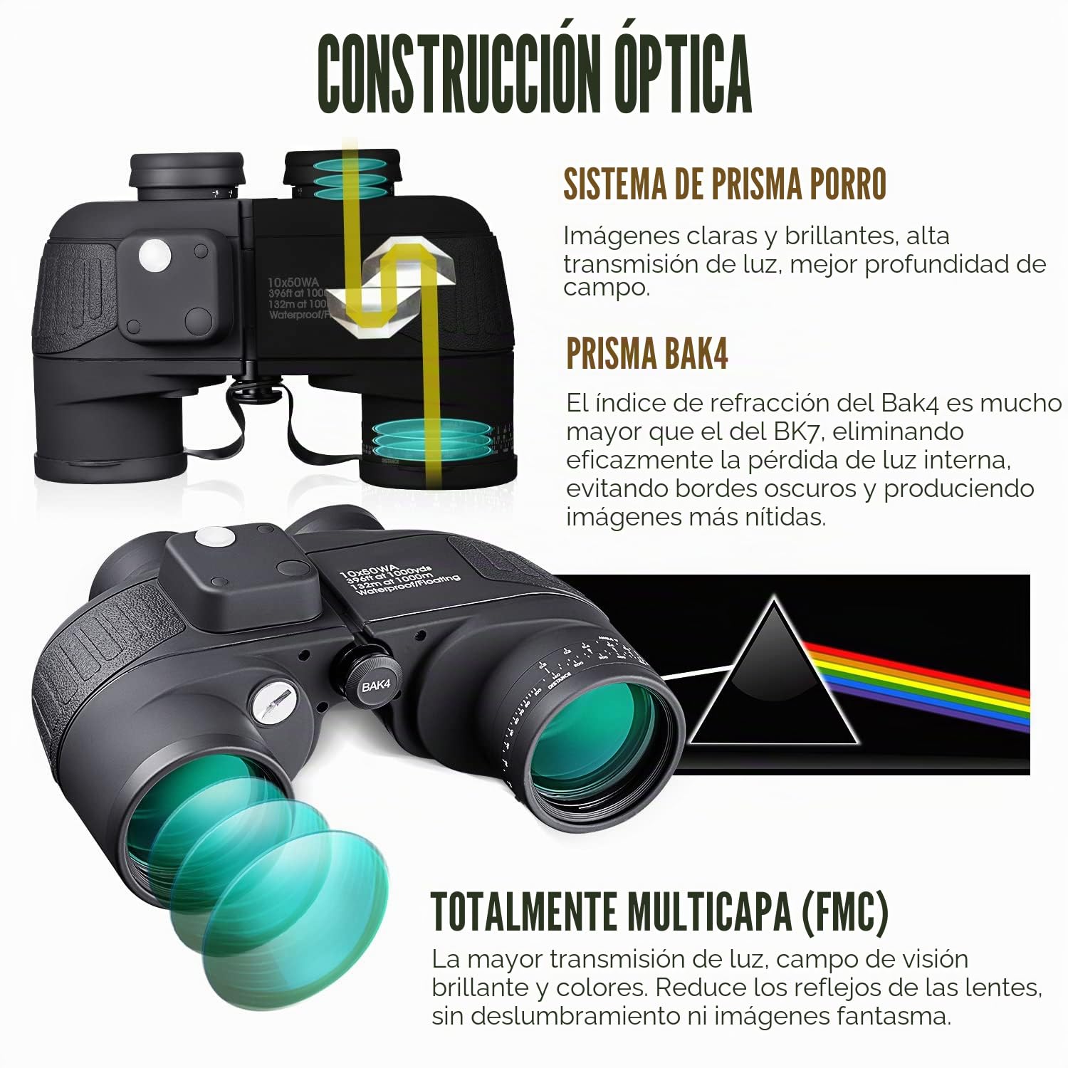 Prismáticos 10x50 Campo de visión Ultra Amplio FMC BAK4 IPX7 Impermeable Anti Niebla Telémetro Brújula para navegar - Todas Las Edades con Correa de Arnés Negro