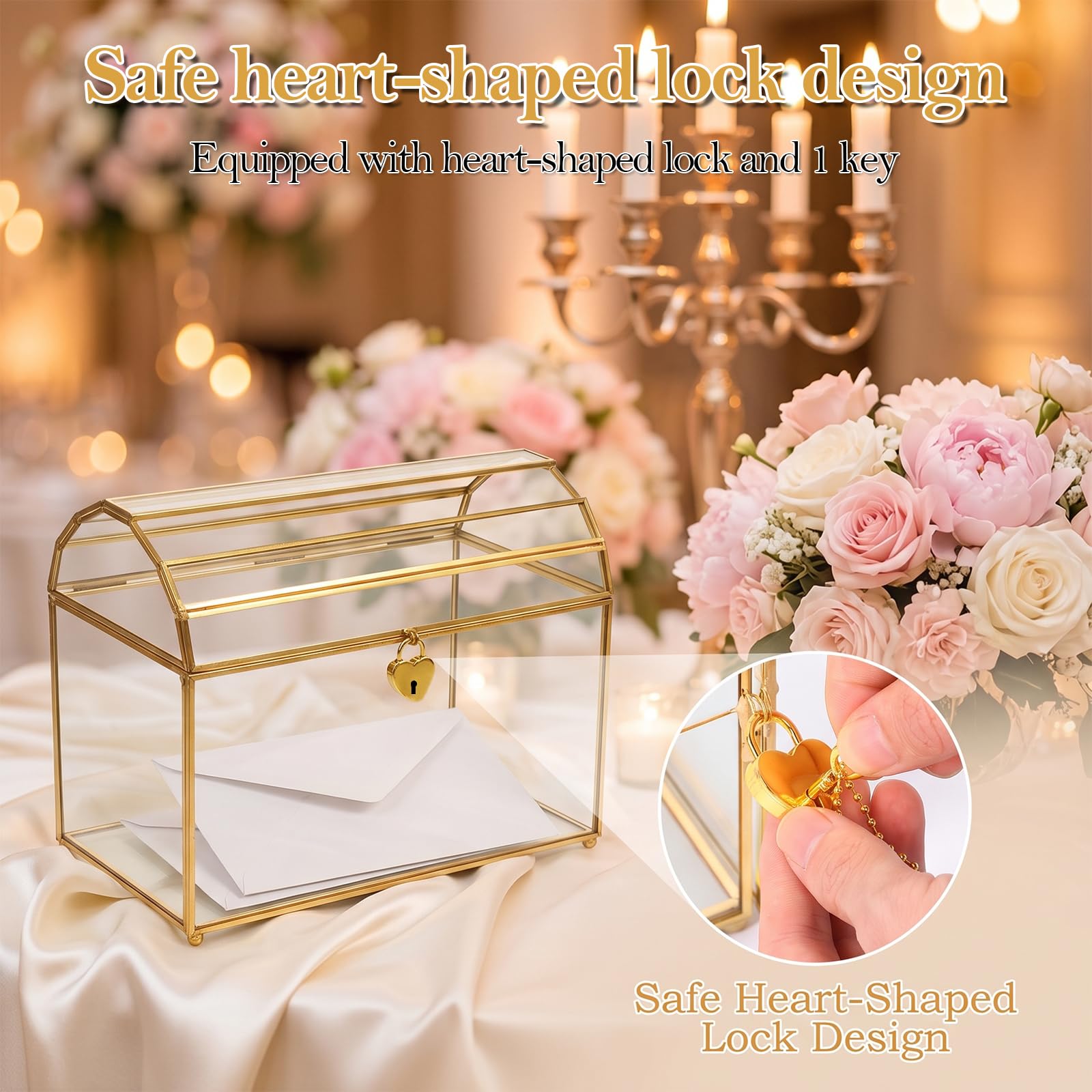 Hochzeitskarten-Box aus Glas mit Herzschloss und Einwurfschlitz | Transparenter Kartenhalter, Abschließbar mit Herzschloss, ideal für Hochzeitsempfang, Geldgeschenke und Karten