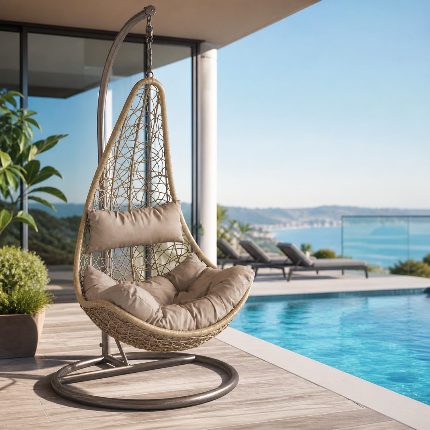 Poltrona Sospesa Da Esterno Per Giardino Con Struttura Autoportante In Metallo Seduta In Polyrattan E Cuscino Con Poggiatesta Arredo Outdoor Terrazza Balcone E Veranda 105 x 195 Cm Beige