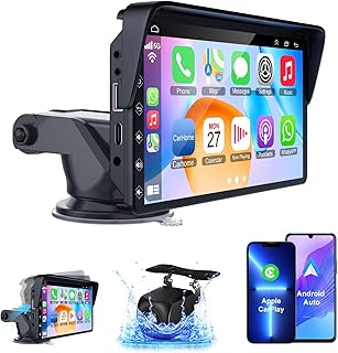 Portable Apple Carplay Screen for Car, 7 Inch IPS Touchscreen Car Stereo Support Wireless Carplay&Android Auto, Backup Camera, AirPlay, Bluetooth, Mirror Link/Mic/TF/USB/AUX for All Vehicles