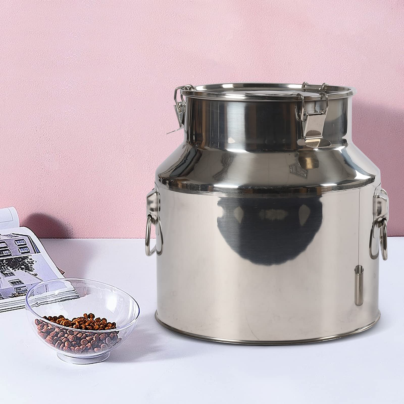Secchio per alimenti da 22 l, con misurino per vino, coperchio e morsetto di bloccaggio, contenitore ermetico in acciaio inox, per la conservazione di cereali, riso, olio da cucina o latte