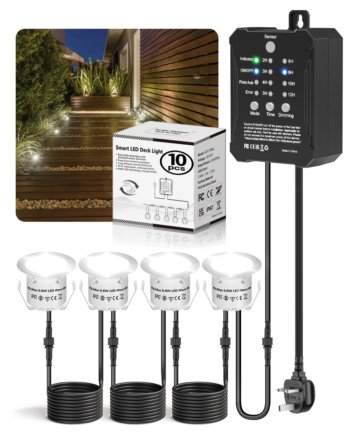 Hiboitec Cool White 10Pcs Dimmable Decking Lights With Dusk To Dawn And Timer, Ip67 Waterproof Led Deck Lights With Low Voltage Smart Transformer For Kitchen Plinth Lights, Patio, Stair, Driveway(Cool White)