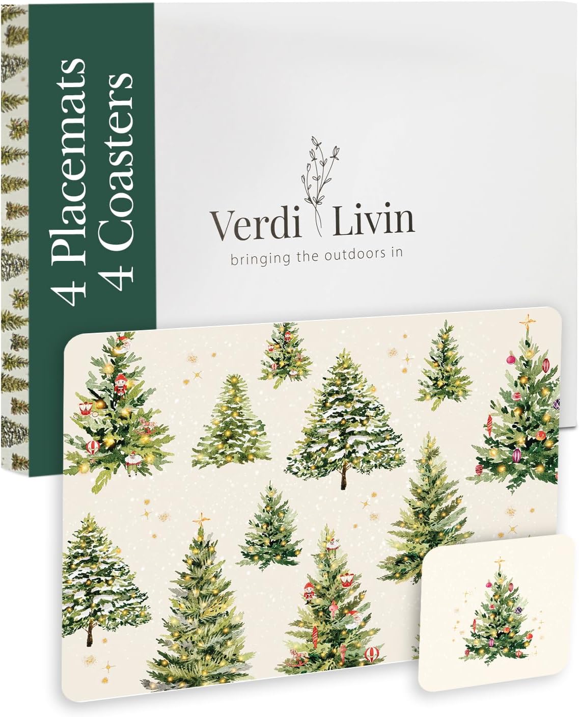 Cork Placemats Set of 4 with Matching Coasters, Heat Resistant, Rectangular 16.15 x 12.2 Inches, Non-Slip, for Dining Table, Christmas (Xmas Trees, Set of 4)