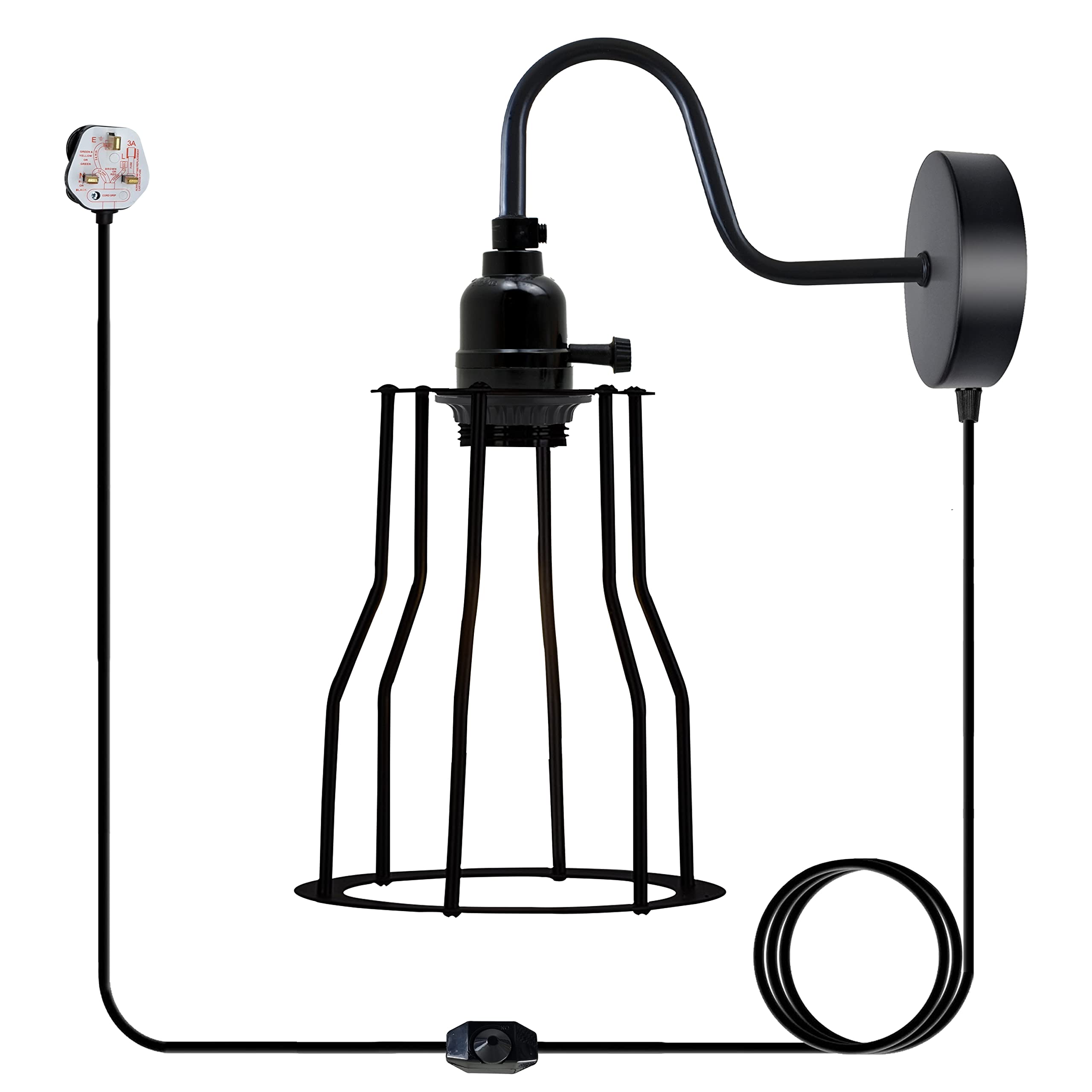 LEDSone Industrial Swan Neck Metal arm Plug in wall Light, Vintage Wall Lamp, Wire cage wall Sconce E27 Base lamp Holder with On/Off Switch for Office