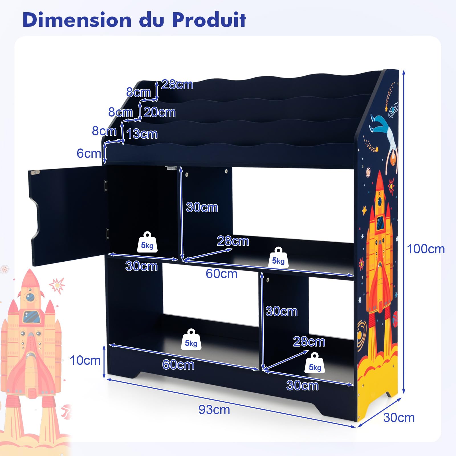 Costway bibliothèque enfants en bois 3 en 1, meuble de rangement avec 5 compartiments, étagère à jouets, patins antidérapants, idéal pour salon, chambre enfant, 93 x 30 x 100 cm, bleu