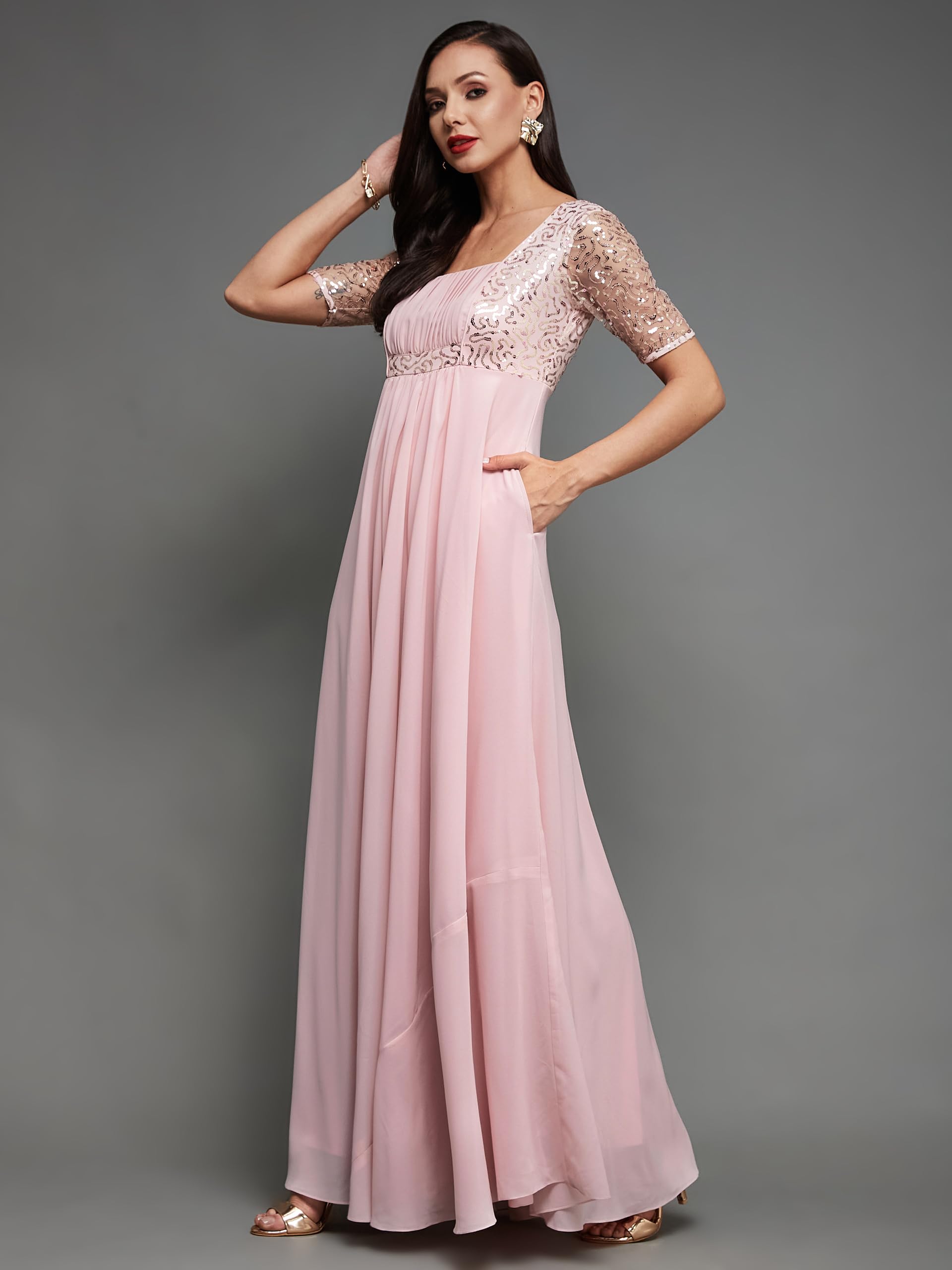 Miss Chase Women's Square Neck Half Sleeve Solid Embellished Maxi Dress (Mcss23D98-59-234-02, Dusty Pink, Xs)
