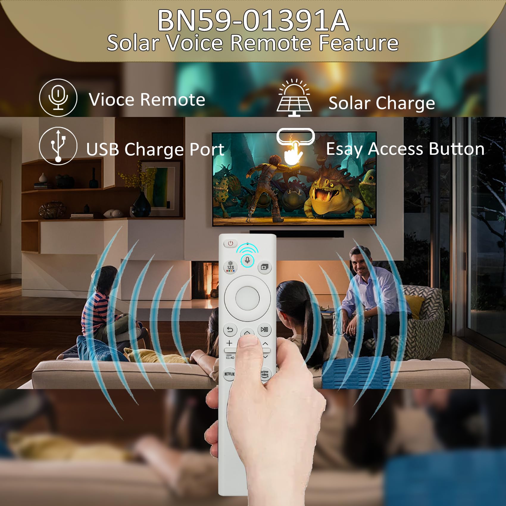 BN59-01391A - Mando a distancia solar de voz compatible con televisores Samsung 2021 2022 2023 Neo LED Smart 4K Ultra HD, repuesto para Samsung Frame TV con voz, 4 botones de acceso directo, color