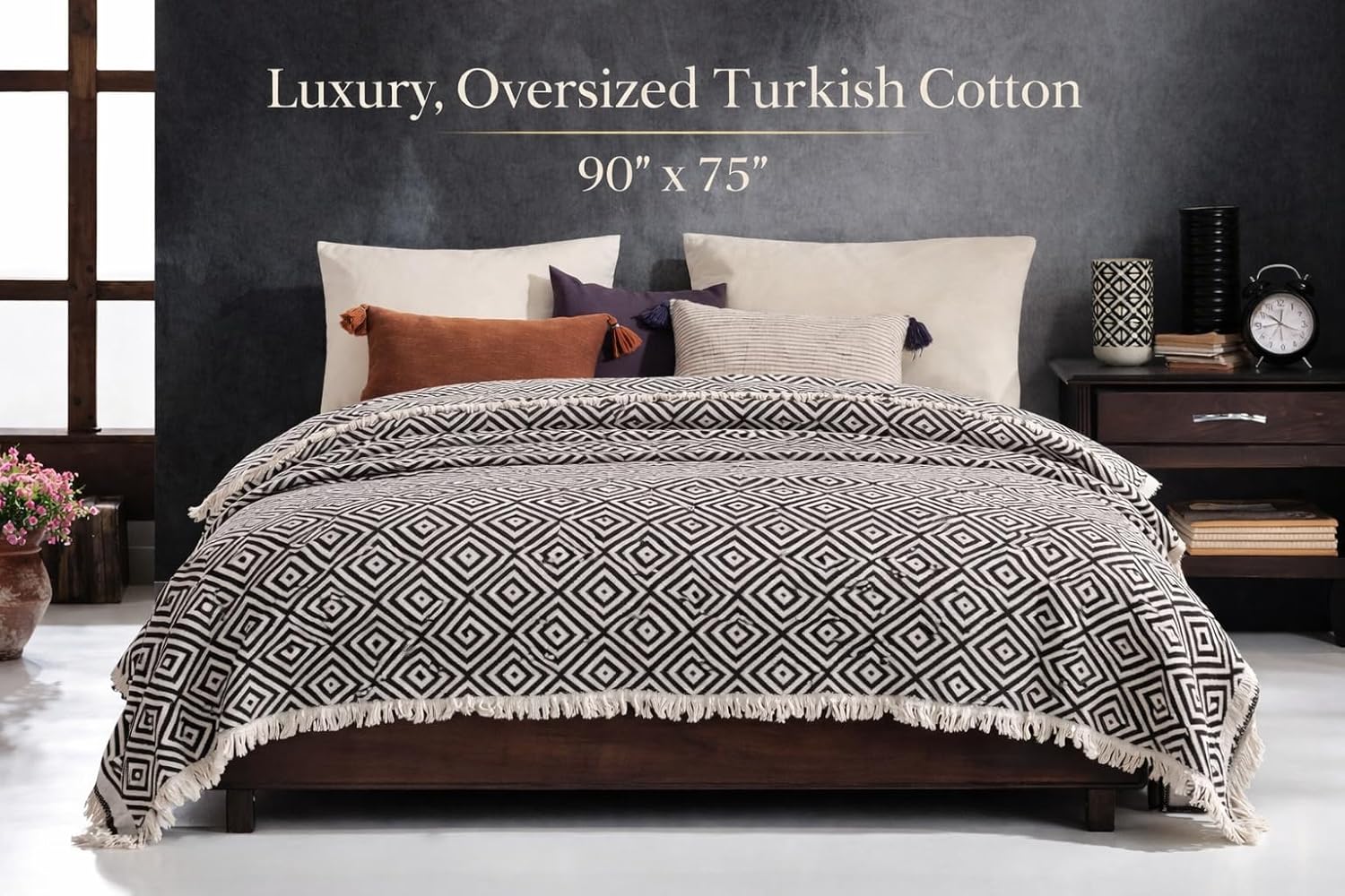 Turkish Throw Blanket for Bed Decorative - 75 x 90 Inch Cotton Black and White Oversized Bed Blanket and Couch Cover