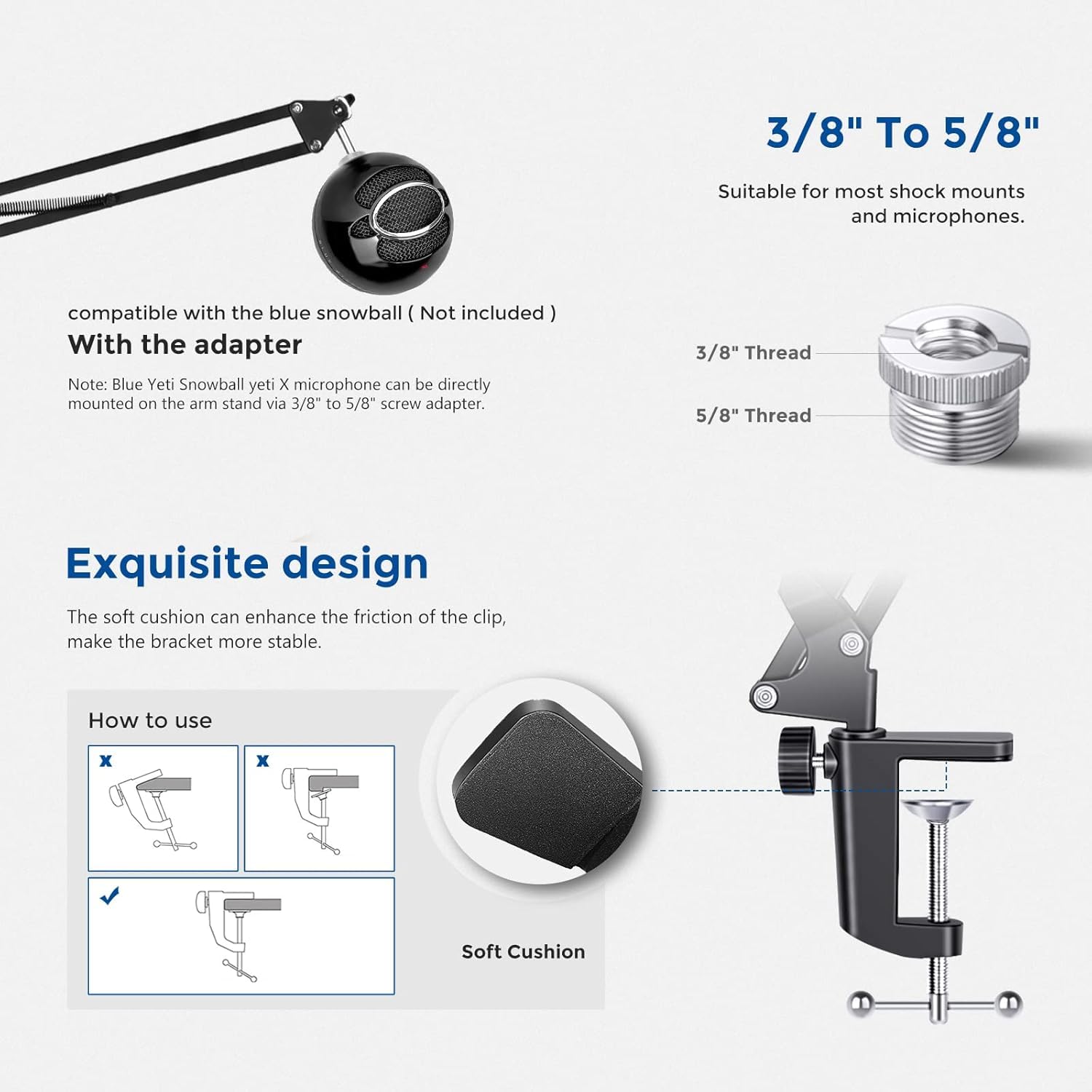 Statyw mikrofonowy NEEWER, wysięgnik nożycowy do mikrofonu ze śrubą 3/8" do 5/8" i opaskami kablowymi, kompatybilny z Blue Yeti Snowball Yeti X Quadcast i innymi mikrofonami (czarny)