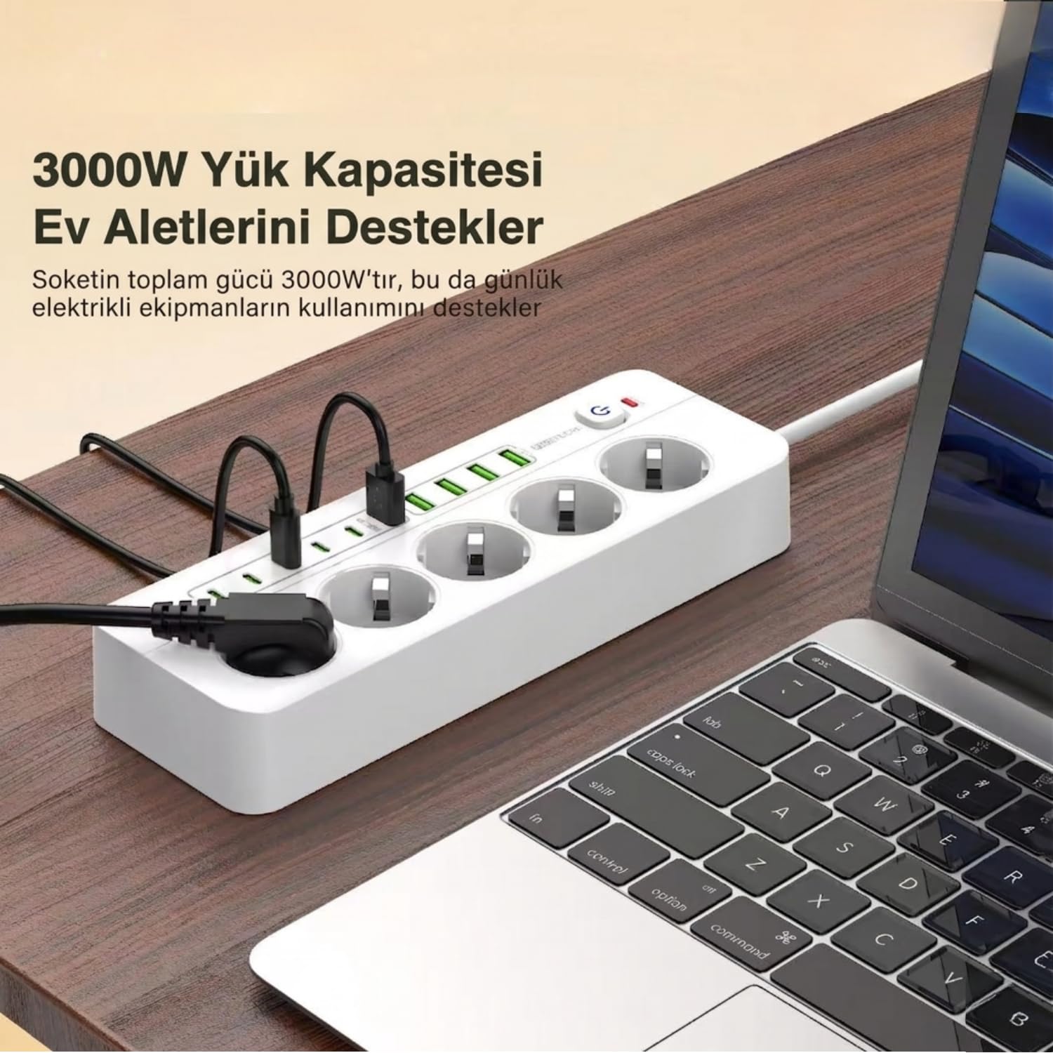 Isıya Dayanıklı Power Tuşlu 5'li Grup Priz 5xusb 5x Type-c Çıkışlı Priz 2 Mt Kablolu