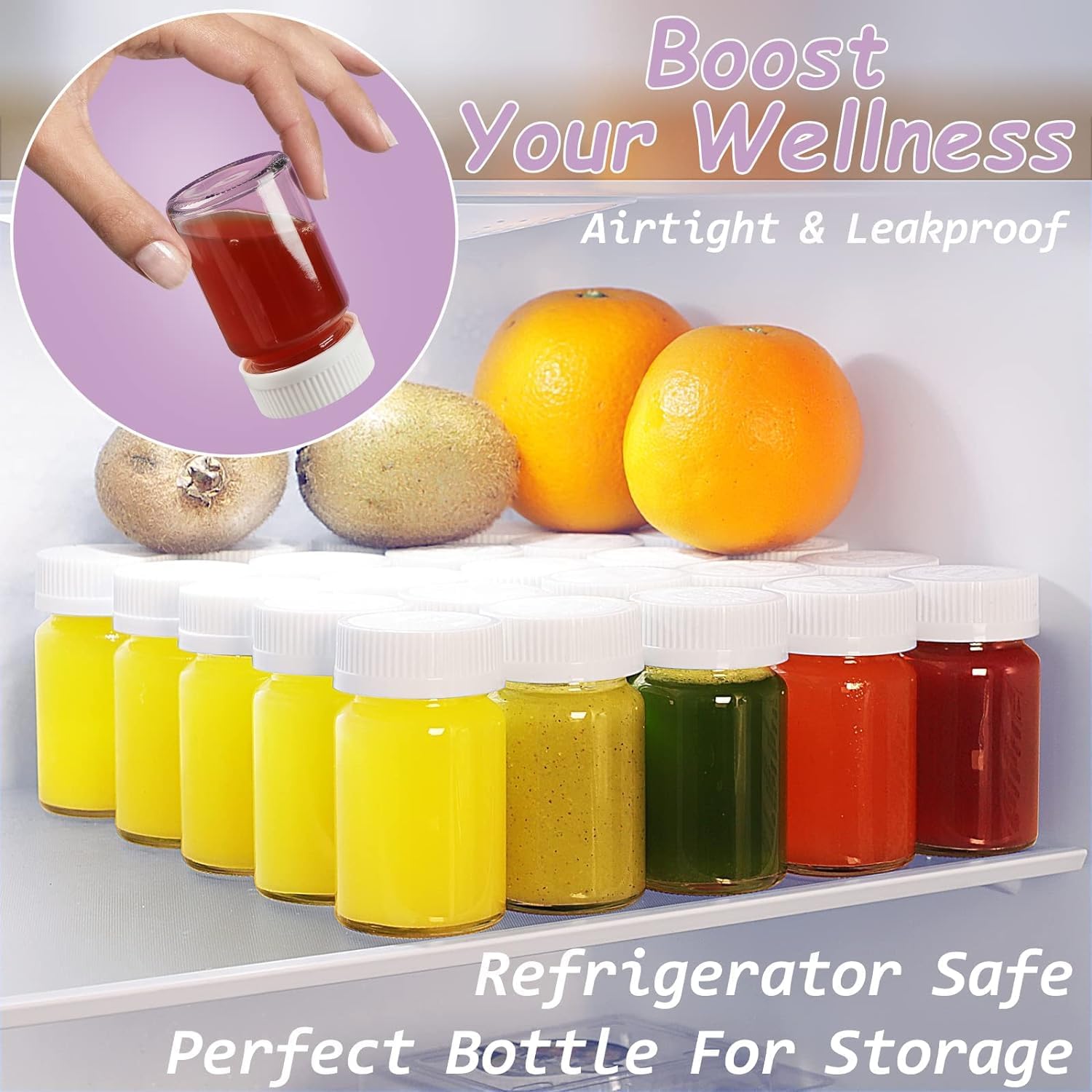 Syntic 8 Pack 2.5 Oz Wide Mouth Juice Shot Bottles with 8 Sealed Press Screw Caps & 4 Airtight Lids! Clear Small Glass Ginger Shot Bottles for Oil, Ginger, Travel Bottle, Reusable and Dishwasher Safe - Image 5