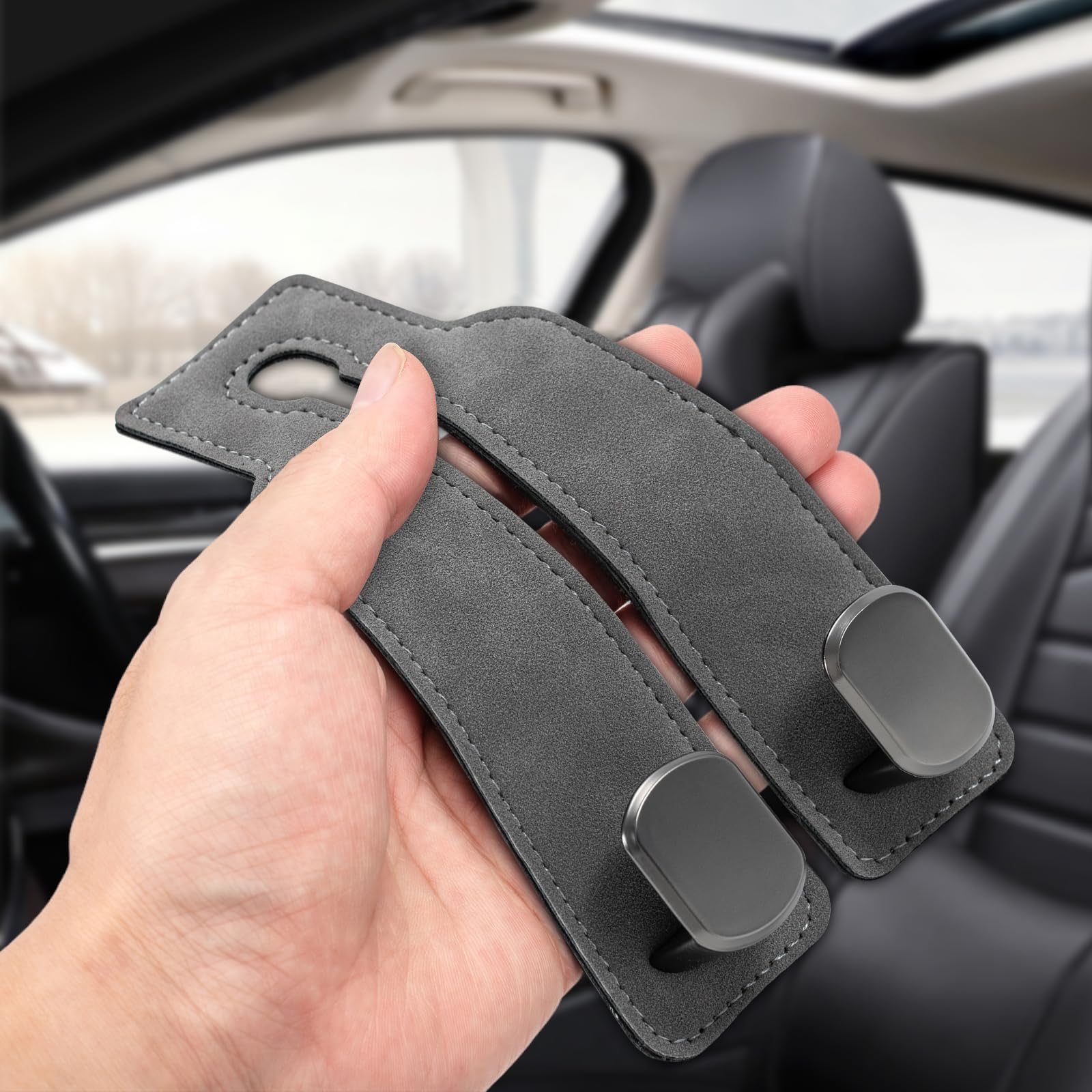 KITUREK Ganci Doppi Per Poggiatesta Auto In Pelle Scamosciata - Portaborse 2 In 1 Universali, Ganci Per Sedili Auto/SUV/Camion, Rotazione 360°, Facili Da Installare (Nero)