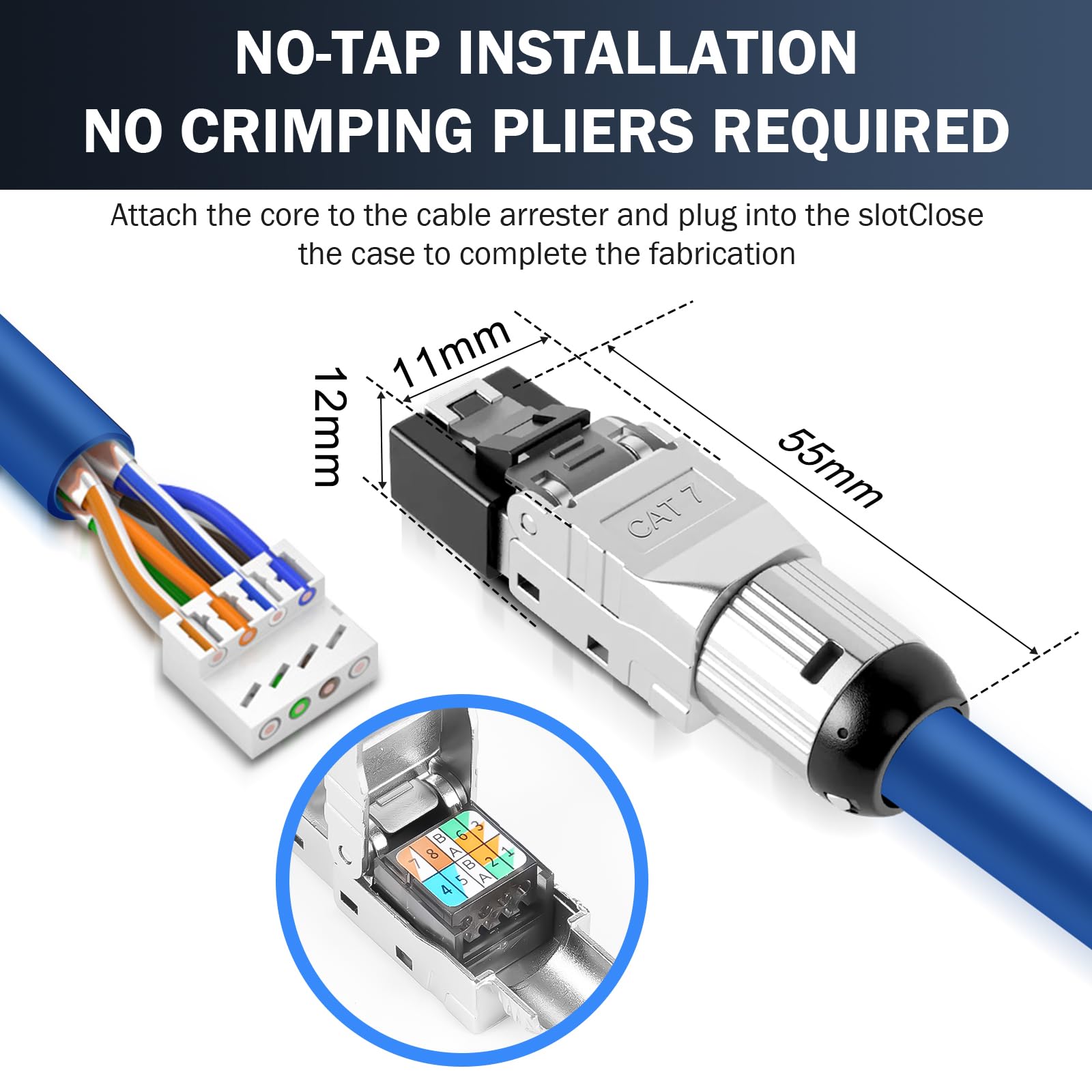 RUIZHI 12x CAT 7 RJ45 Stecker Netzwerkstecker für starre LAN Kabel Verlegekabel Ethernet LAN Stecker CAT7 Werkzeuglos LSA, vollgeschirmt STP, 10 GBit/s