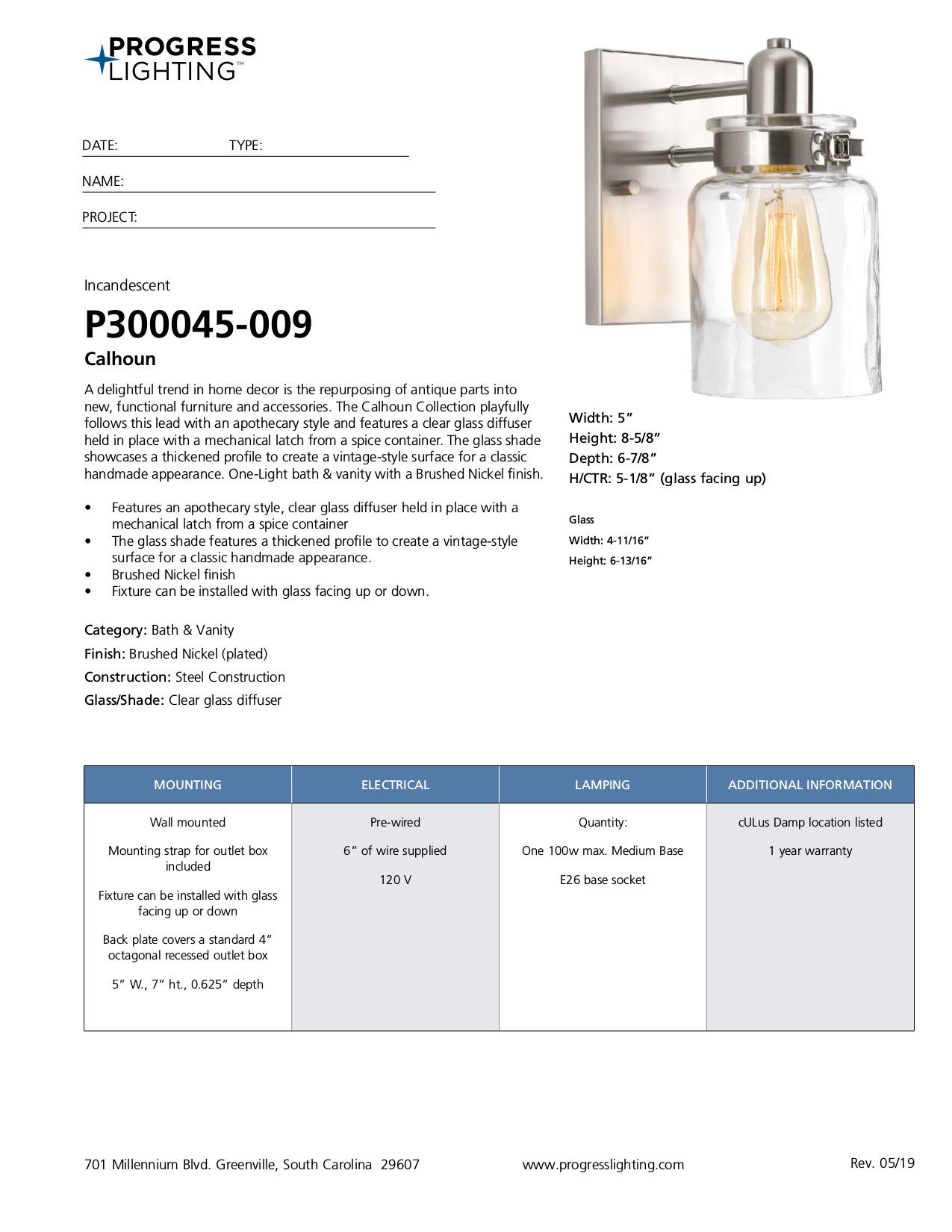 Calhoun Collection 1-Light Clear Glass Farmhouse Bath Vanity Light Brushed Nickel