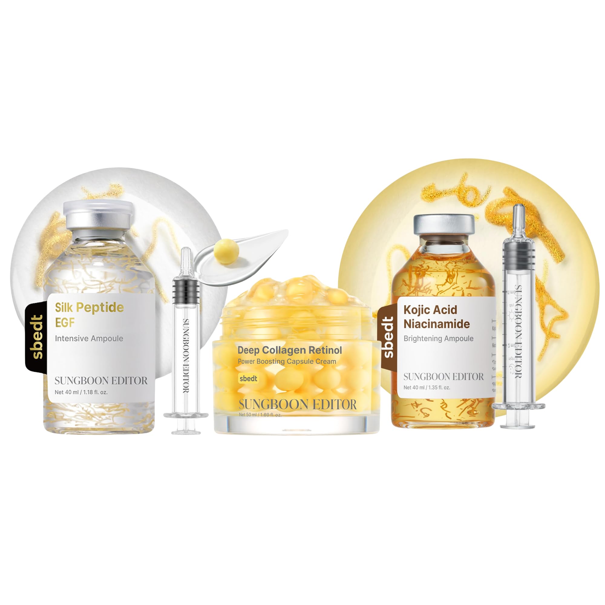 SUNGBOON EDITOR Silk Peptide EGF Ampoule, Kojic Acid Ampoule & Deep Collagen Retinol Capsule Cream