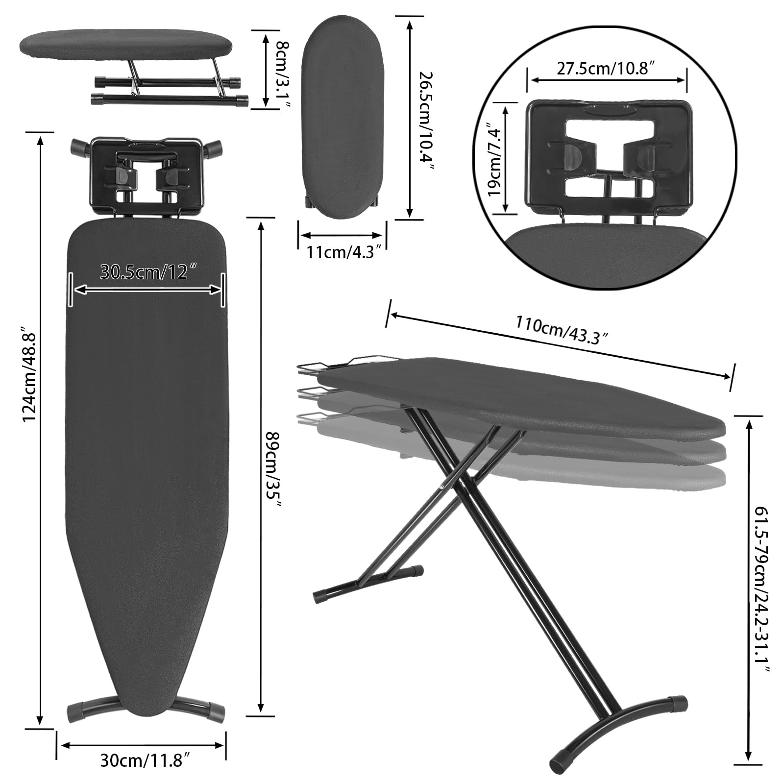 OUUTMEE Planche à Repasser 110x30 CM Pliable, Noir | Avec Repose-fer, Housse Résistante à Chaleur, Hauteur Réglable de 62 à 79CM, Pieds Antidérapants