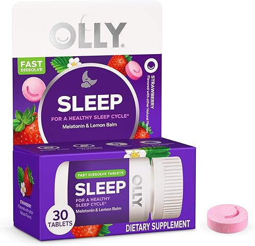 OLLY Sleep Fast Disuelve, 3 mg de melatonina, bálsamo de limón, sabor a fresa, suministro para 30 días - 30 unidades