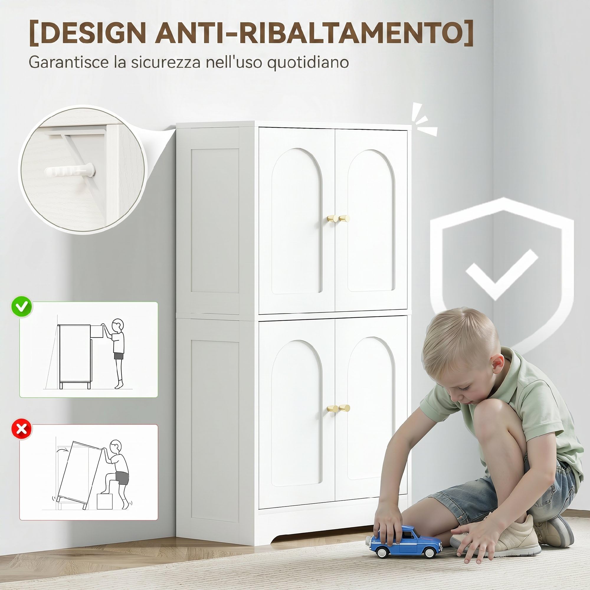 HOMCOM Credenza Cucina, Mobile Cucina Dispensa con 2 Armadietti, 4 Ante ad Arco, 2 Ripiani Regolabili, con Dispositivo Antiribaltamento, 60x30x110 cm, per Sala da Pranzo, Soggiorno, Bianco