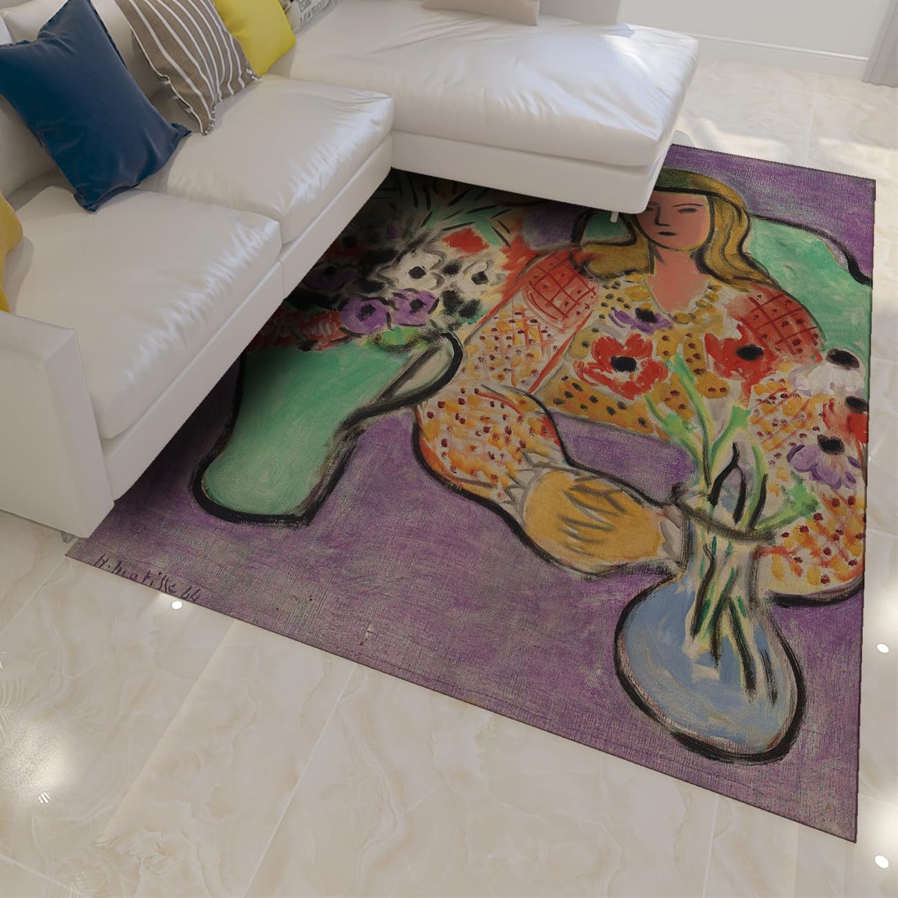 Tapis 120x150 violet haut de gamme au design fleurs de nature morte vintage