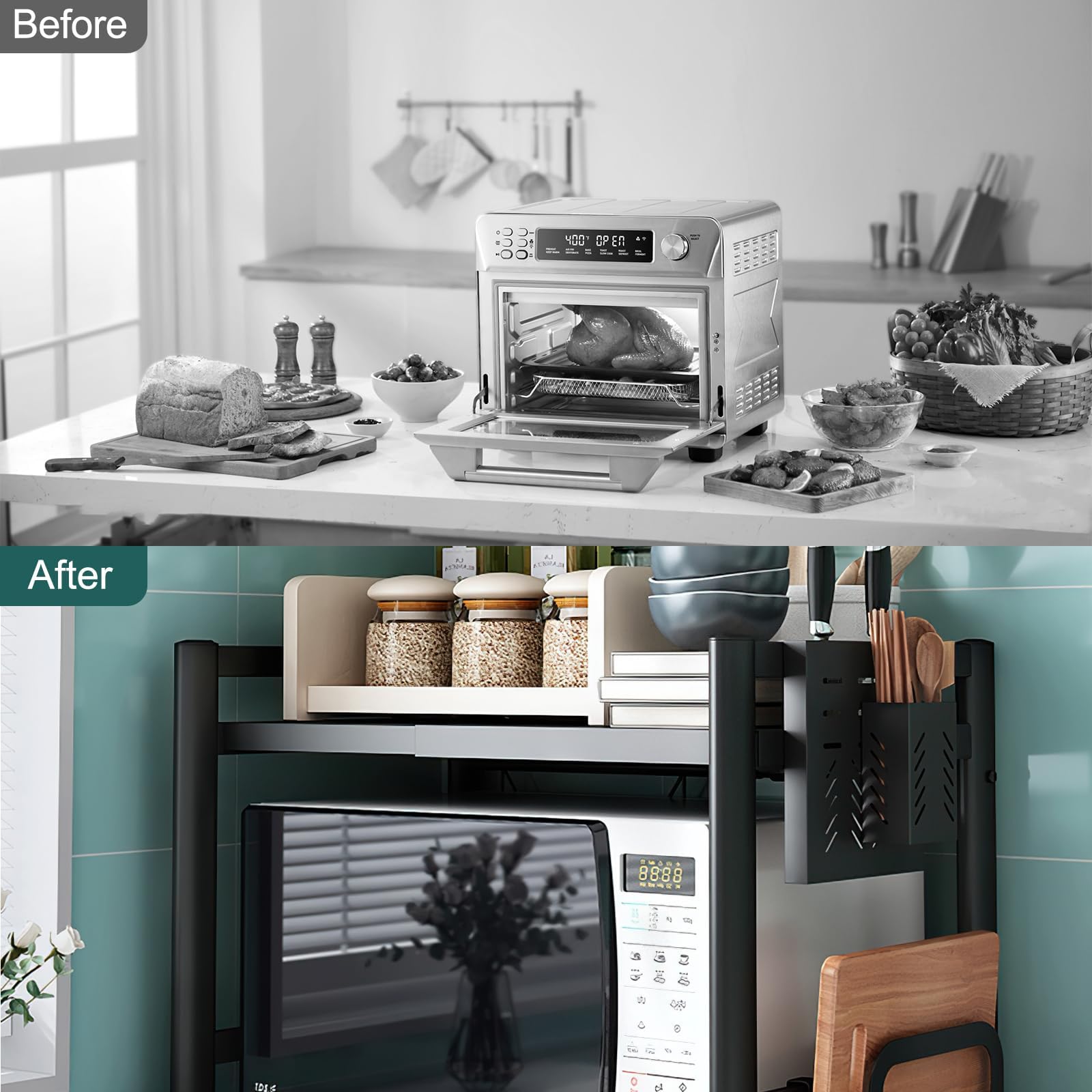 Erweiterbares Mikrowellen Regal 2-stufig - Höhenverstellbarer Küchenorganizer Schwarz