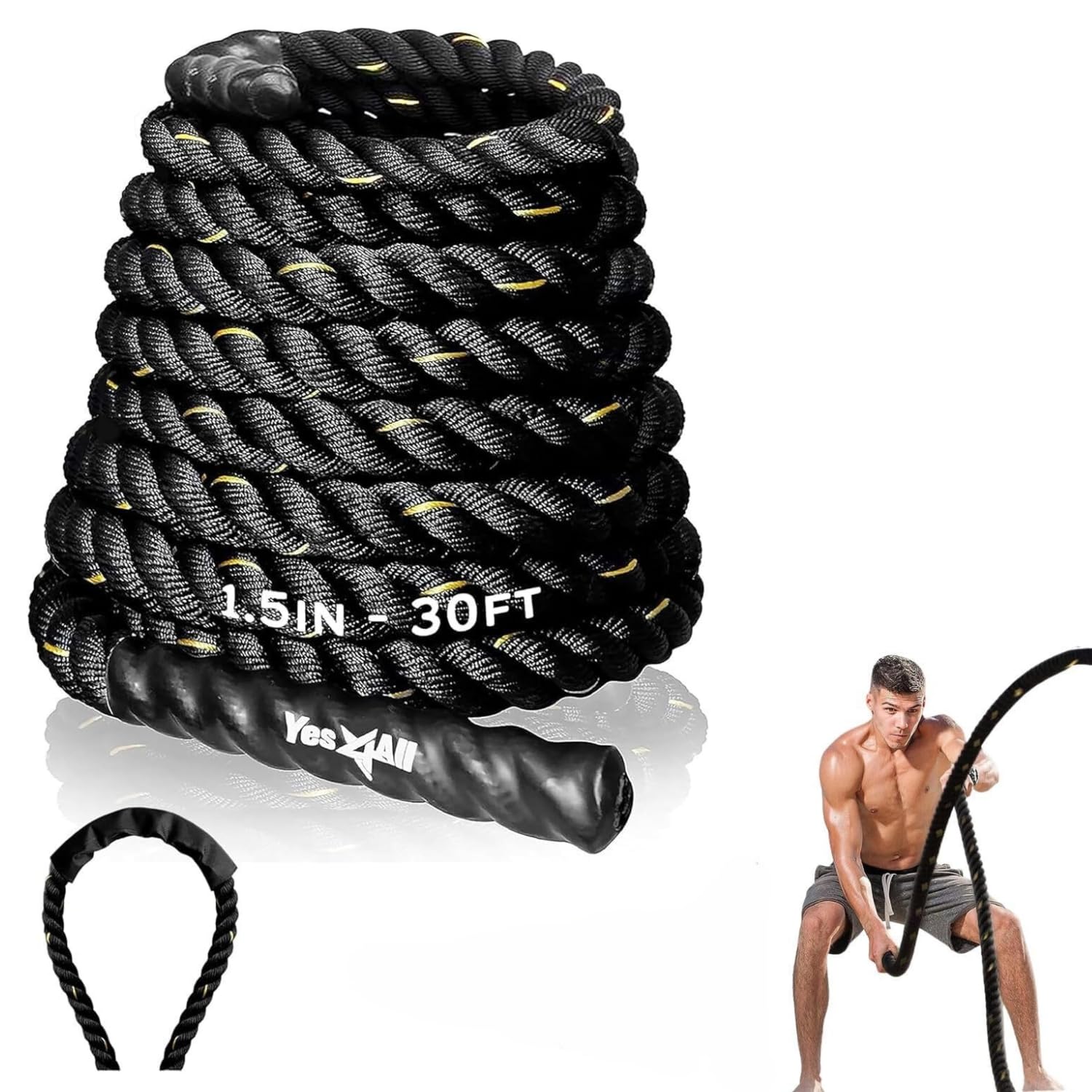 Yes4All 1.5/2 Inch Battle Ropes with Extra Protective Sleeve, Workout Ropes for Cross-Training Home Gym & Fitness Exercises, Strength Training - 30,40,50 Feet Lengths Available