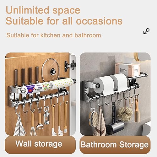 Miniatura 8 de Plata 15.7 in + 8 ganchos moderno colgador de utensilios de cocina, montaje en pared para cuchillo de montaje en pared, estante de almacenamiento de