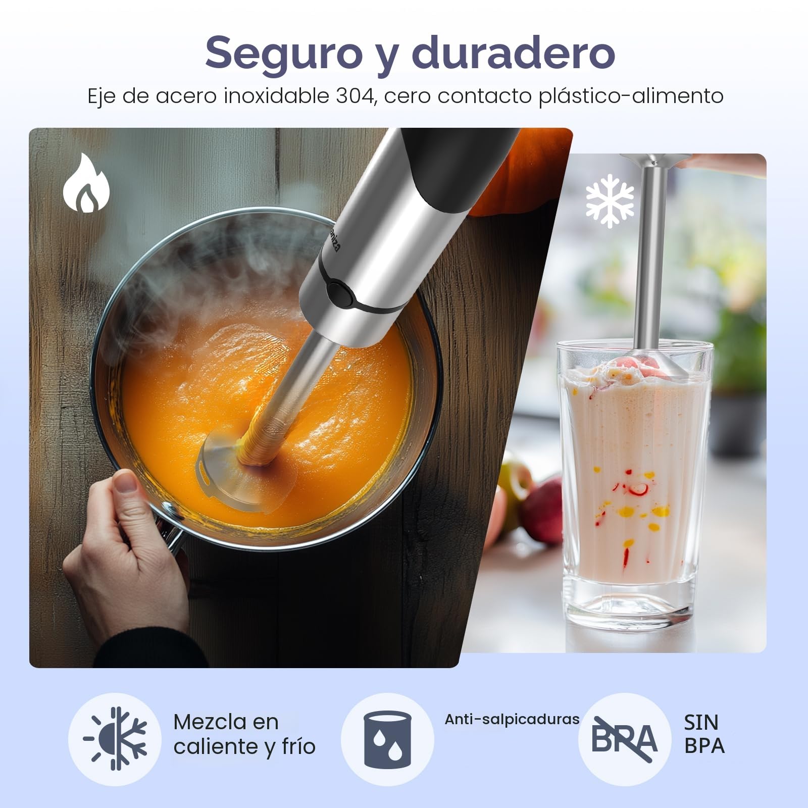 Ganiza Batidora de mano eléctrica 5 en 1, potente batidora de 1200 W con control de velocidad y botón TURBO, Multifunción picadora con doble espumador de leche, para preparar salsas y batidos