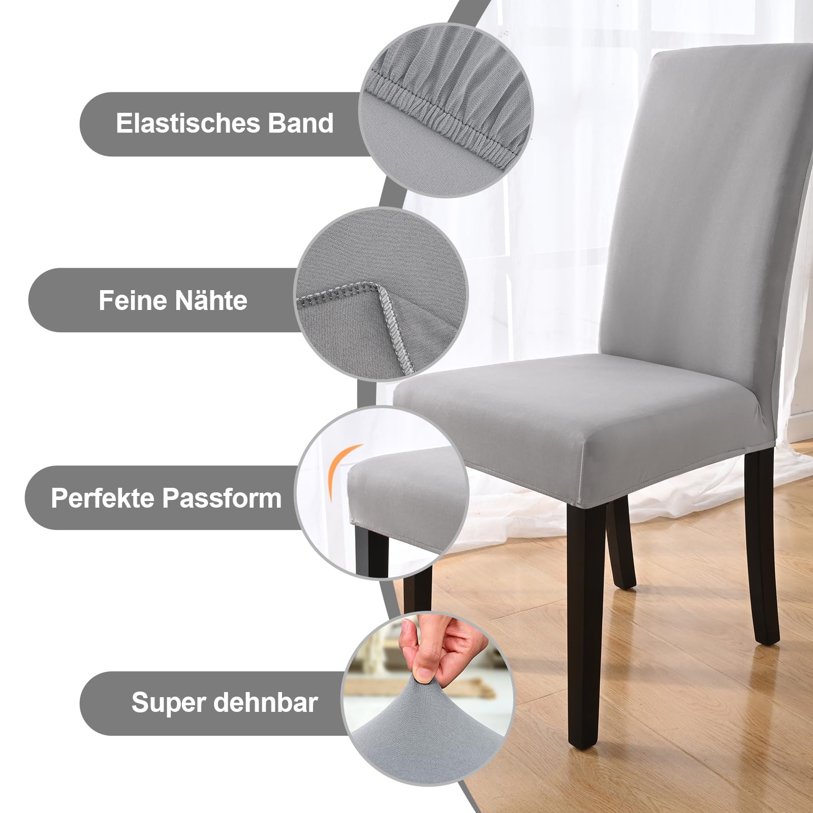 Yugarlibi Juego de 6 fundas elásticas para silla, elásticas, extraíbles, lavables, para cocina, restaurante, hotel, banquete, boda (gris claro, 6 unidades)